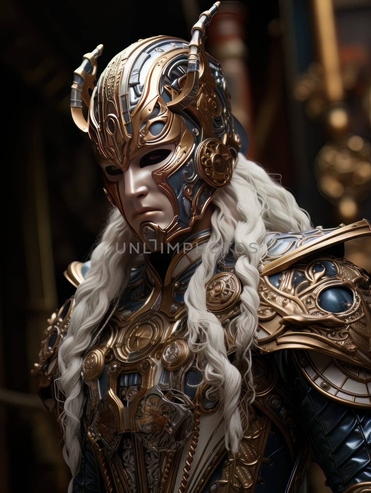 Warlike character in Venetian style equipment and mask. Aristocratic majestic man king warrior, fairy-tale character in comic book or computer game style, AI