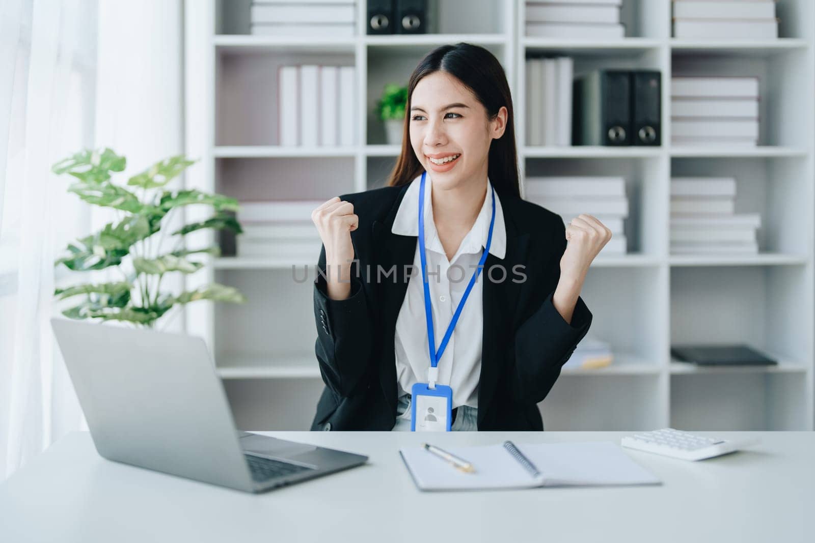 Business, finance and employment, female successful entrepreneurs concept. Confident smiling asian businesswoman, using laptop at work. by Manastrong