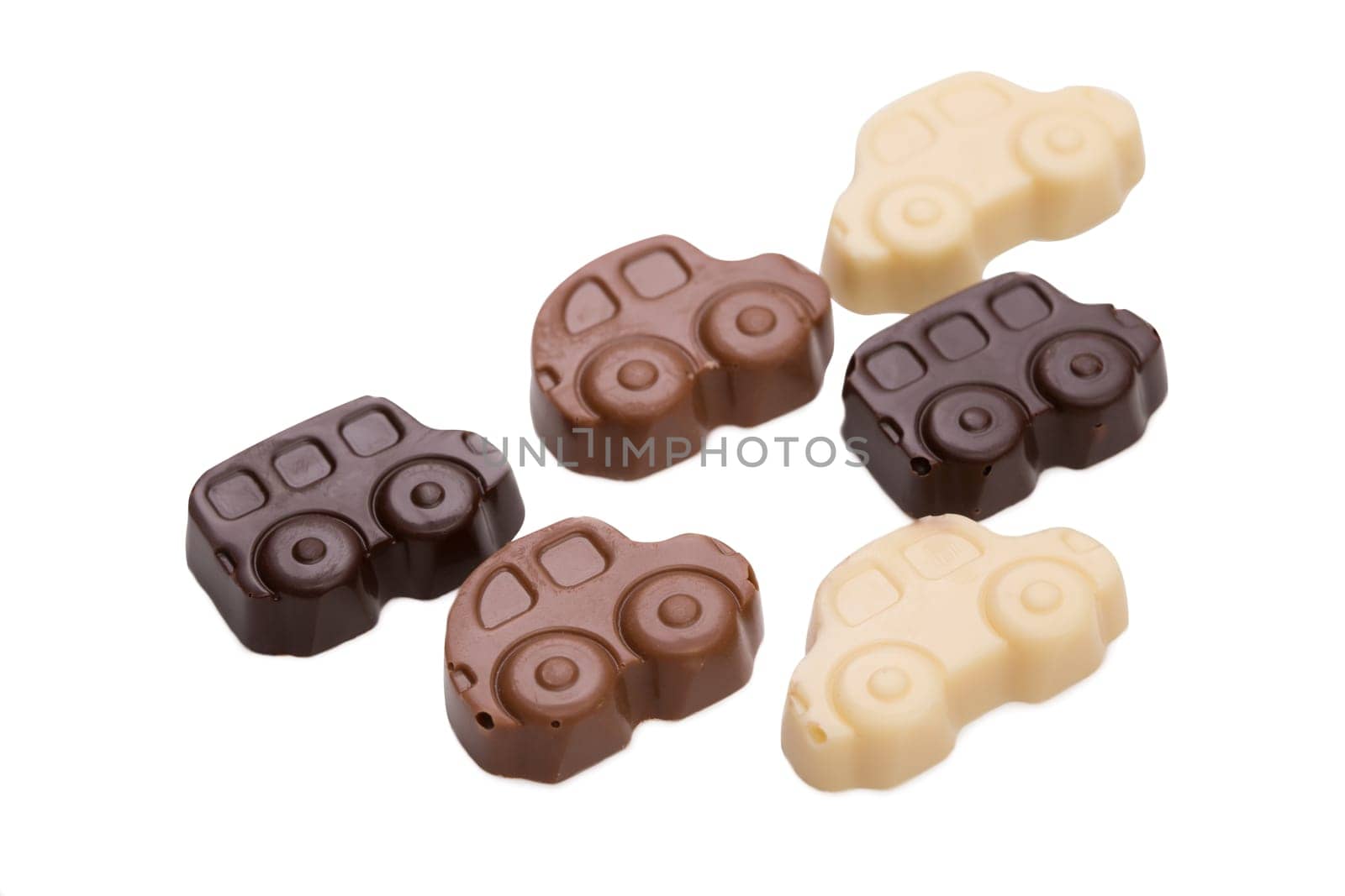 Assortment of chocolate cars, isolated on white background