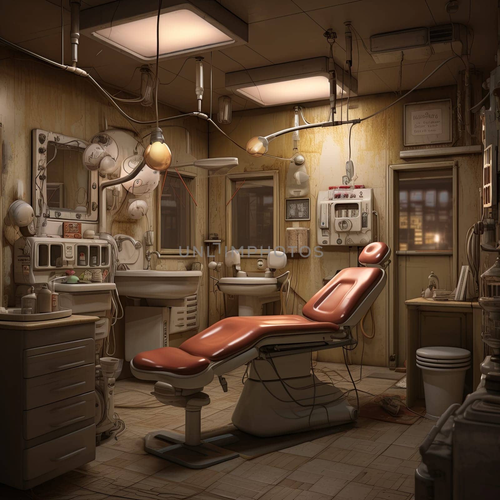 The office features industrial pipes on the walls, black and white tile flooring, a large window, and a corner sink. The green leather chair with a metal frame stands out in this distinctive setting.