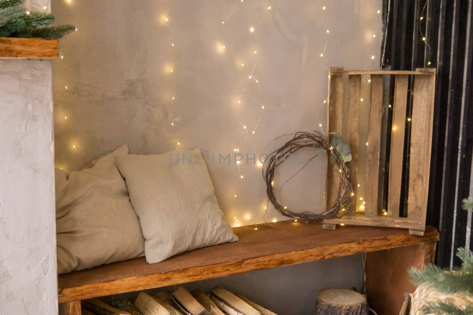 The interior of the Scandinavian-style living room, decorated for the Christmas holidays.