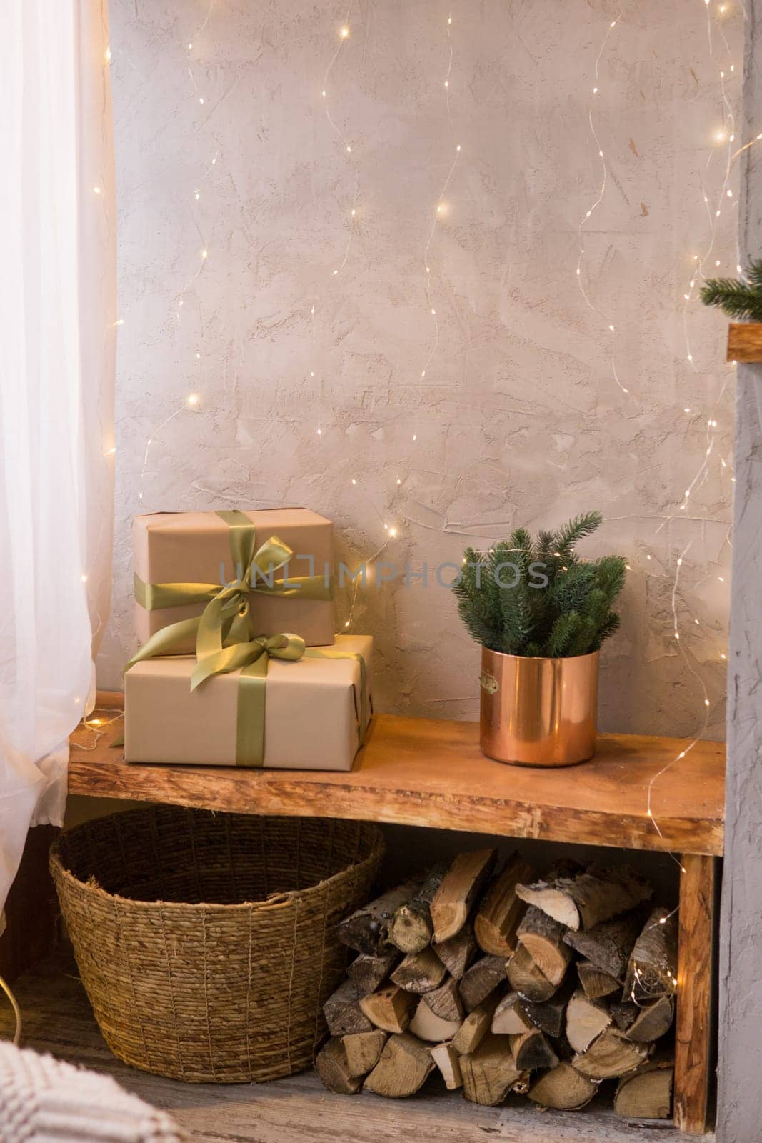 The interior of the Scandinavian-style living room, decorated for the Christmas holidays.