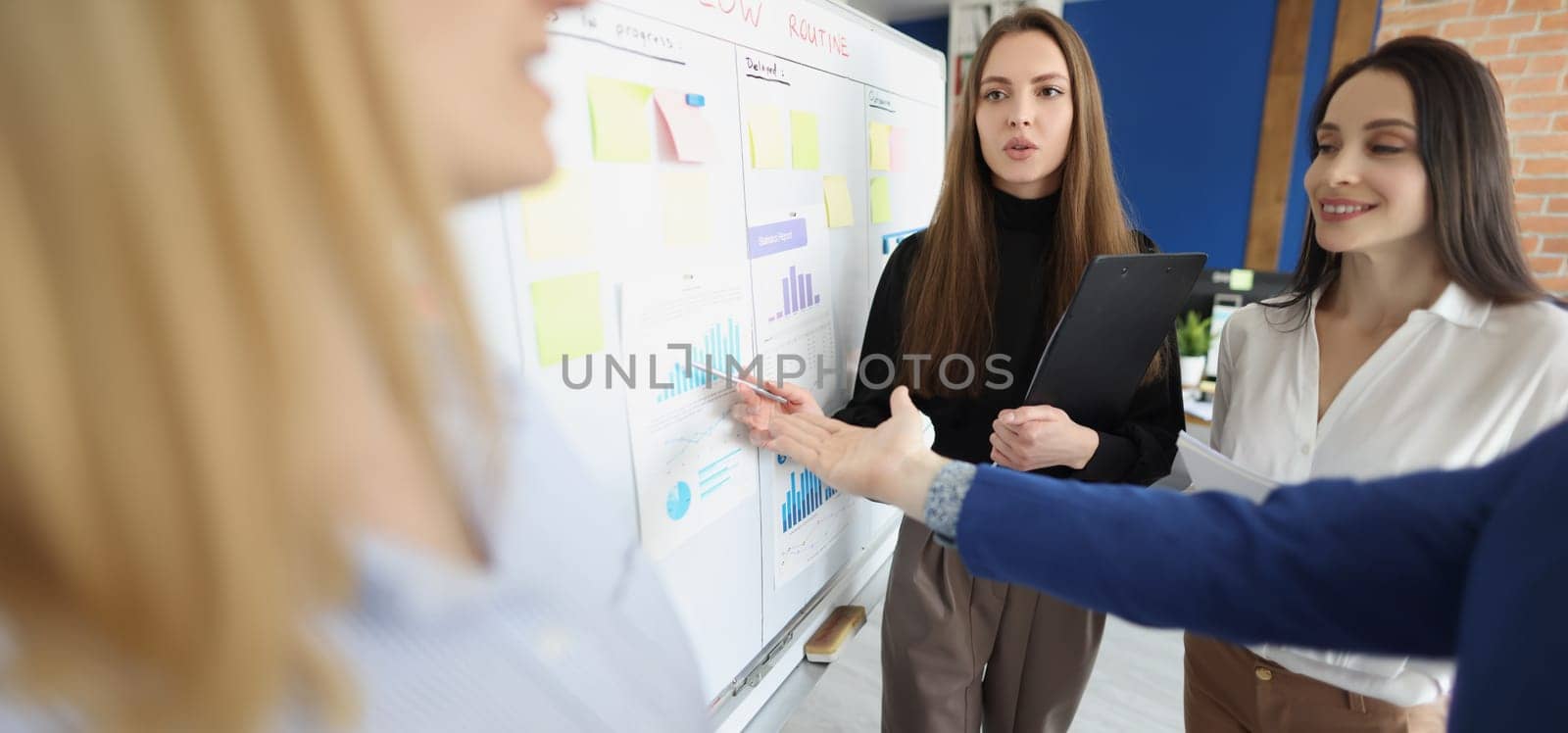 Business women are discussing the report on the board, close-up. Brainstorming, teamwork in the office, management