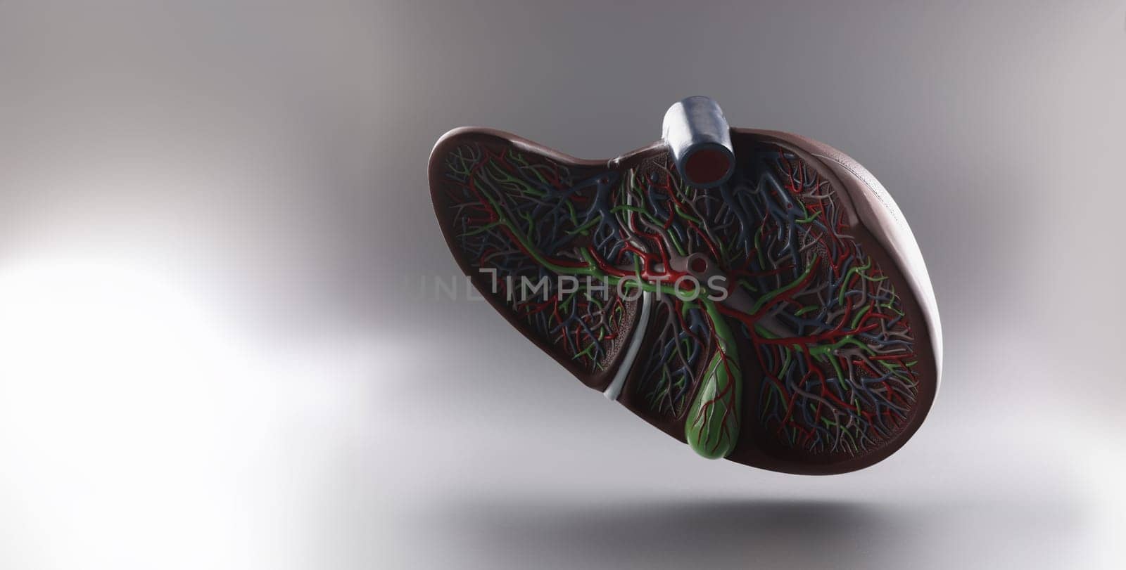 Plastic 3D model of the liver in a section on a gray background, close-up. Medical education. Human fatty liver disease
