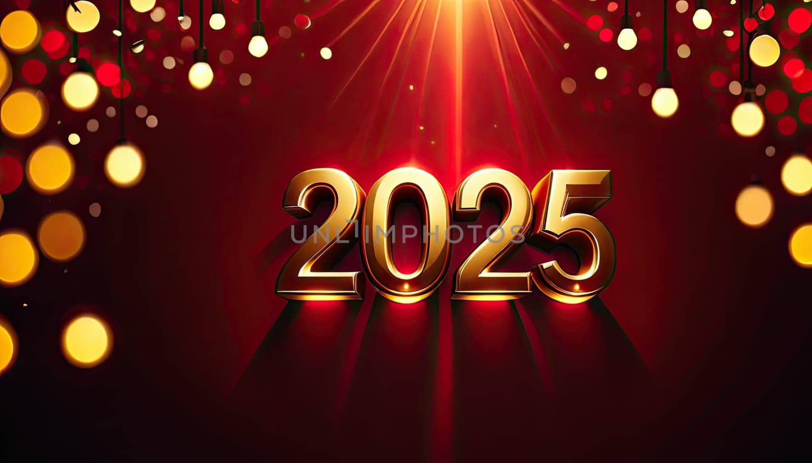 Golden digits 2025 on dark red background with bokeh lights, festive atmosphere, ideal for New Year event promotions