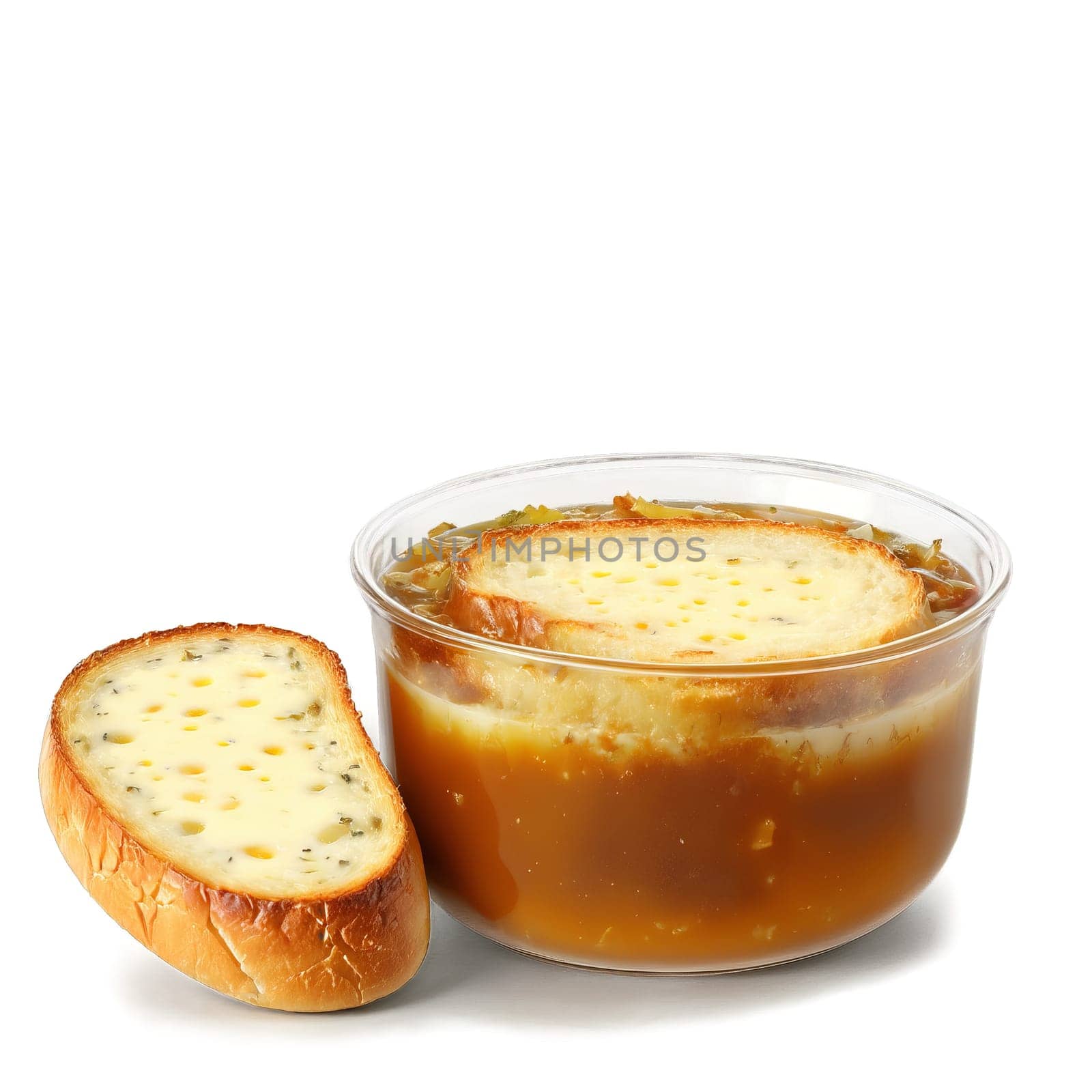 Hearty French onion soup in transparent bowl cheese melting bread croutons soaking onions Food and. Food isolated on transparent background.