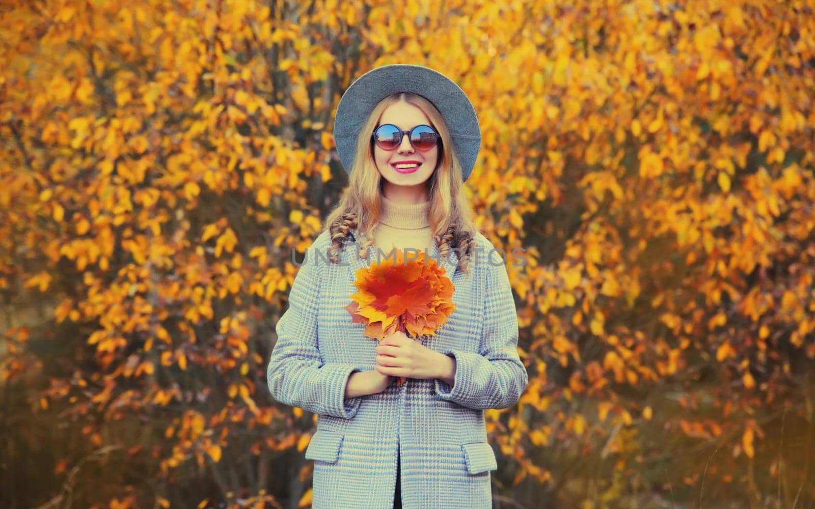 Autumn portrait of beautiful happy smiling woman with yellow maple leaves wearing round hat and coat in the park