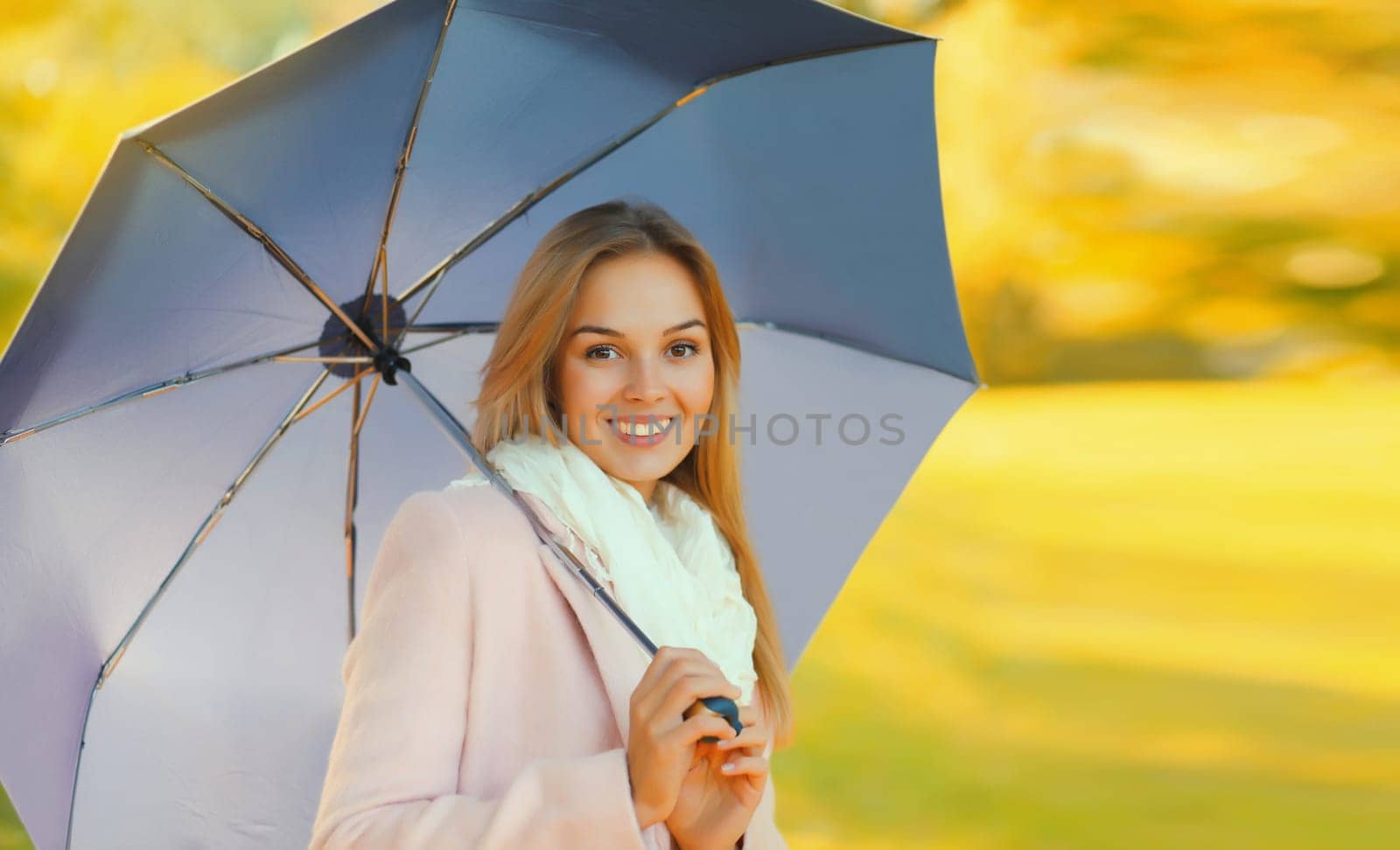 Portrait of beautiful happy smiling blonde young woman with umbrella in sunny autumn park
