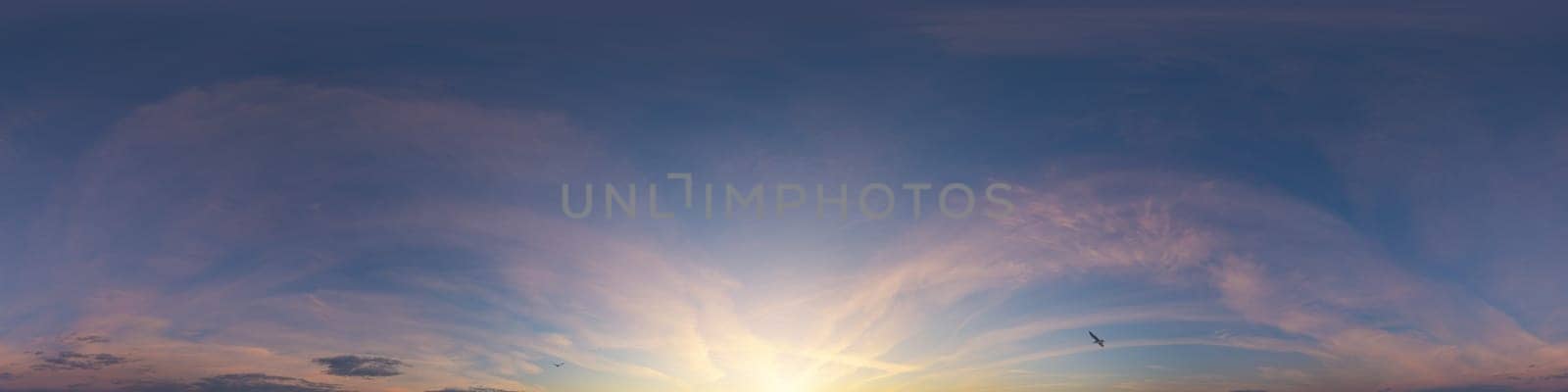Dark blue sunset sky panorama with pink Cumulus clouds. Seamless hdr 360 pano in spherical equirectangular format. Full zenith for 3D visualization, game, sky replacement for aerial drone panoramas