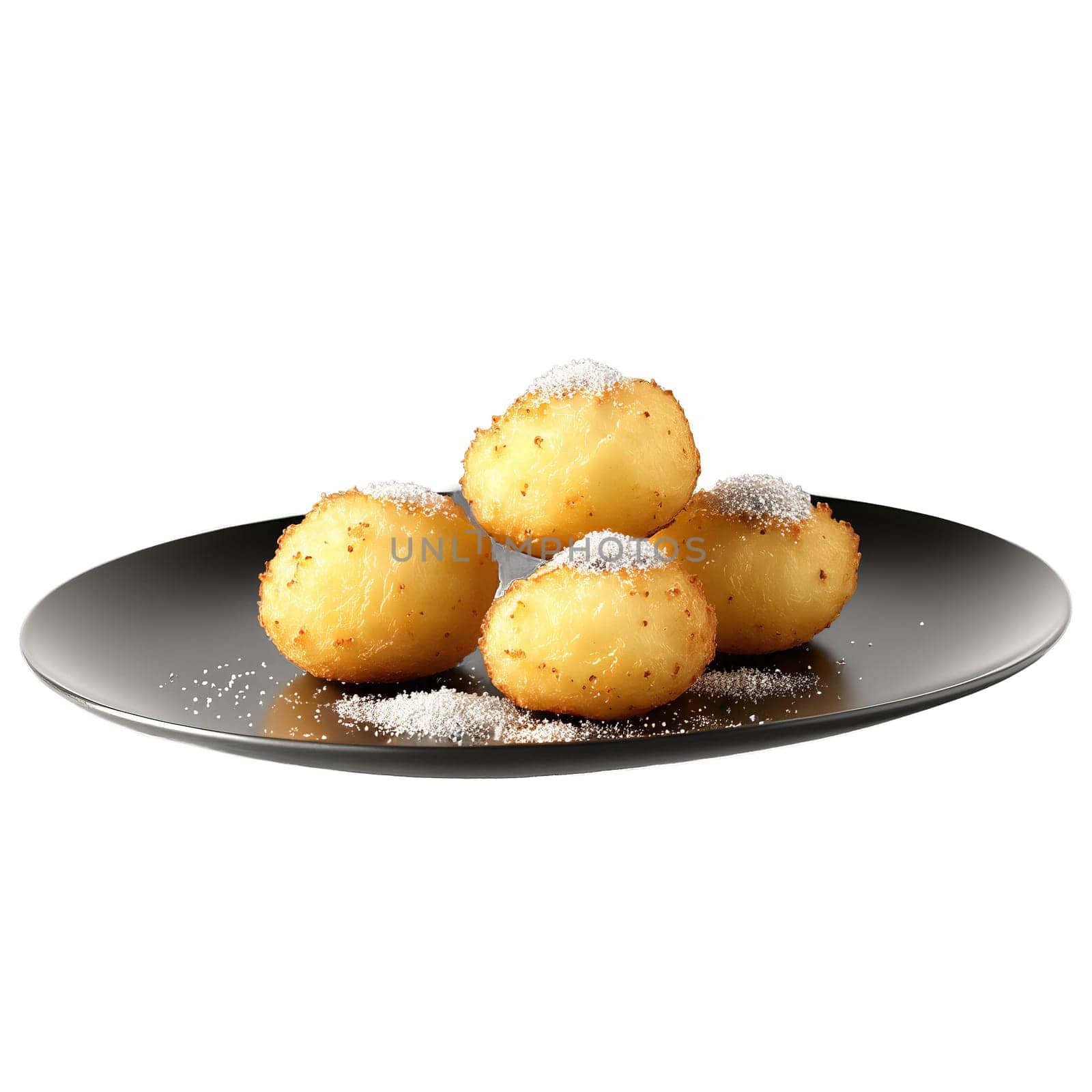 Truffle pommes dauphine golden potato puffs mounded in stemless glass black truffle salt dusting isolated. Food isolated on transparent background.