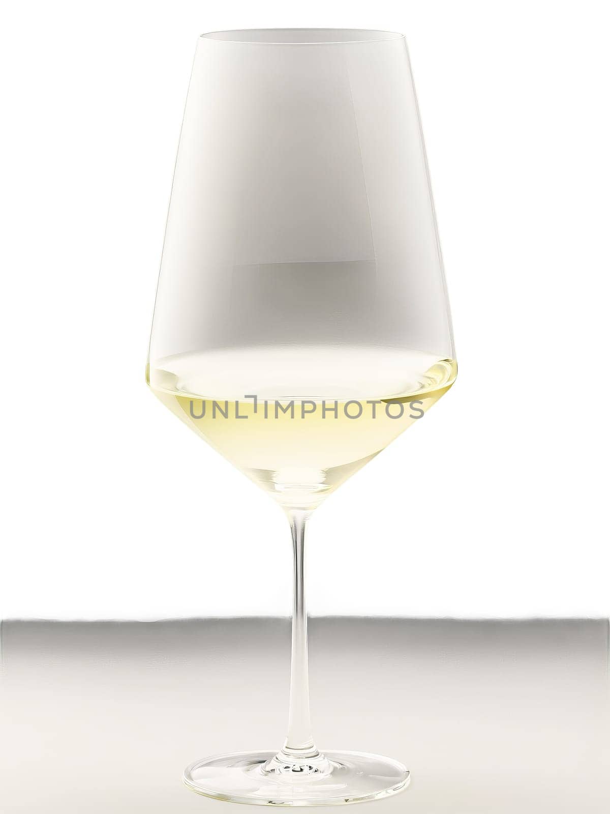 Schott Zwiesel Pure Light-Bodied White Wine glass, tall angular bowl, slender stem, pale straw colored wine, gentle ripples, soft shadows, minimalist composition, bright white background.