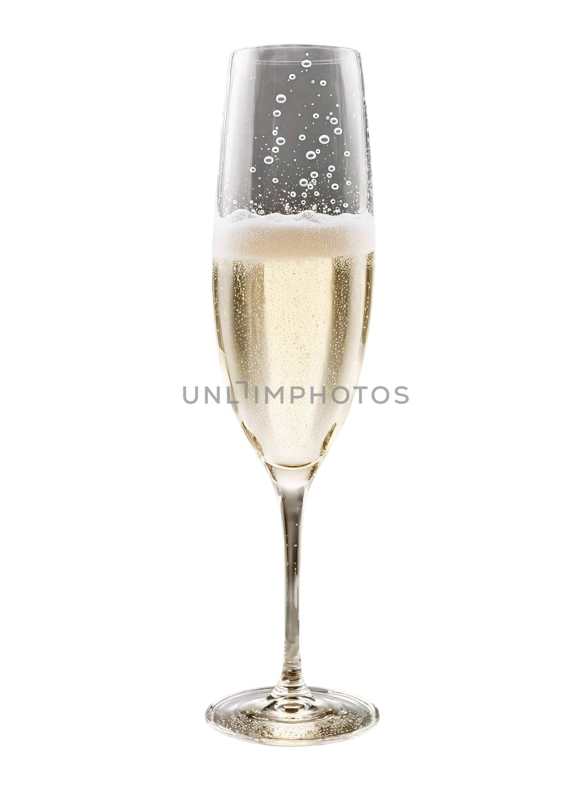 Delicate fluted champagne flute, elongated bowl, effervescent bubbles rising, isolated no background, splashing pale sparkling wine, celebratory advertisement .