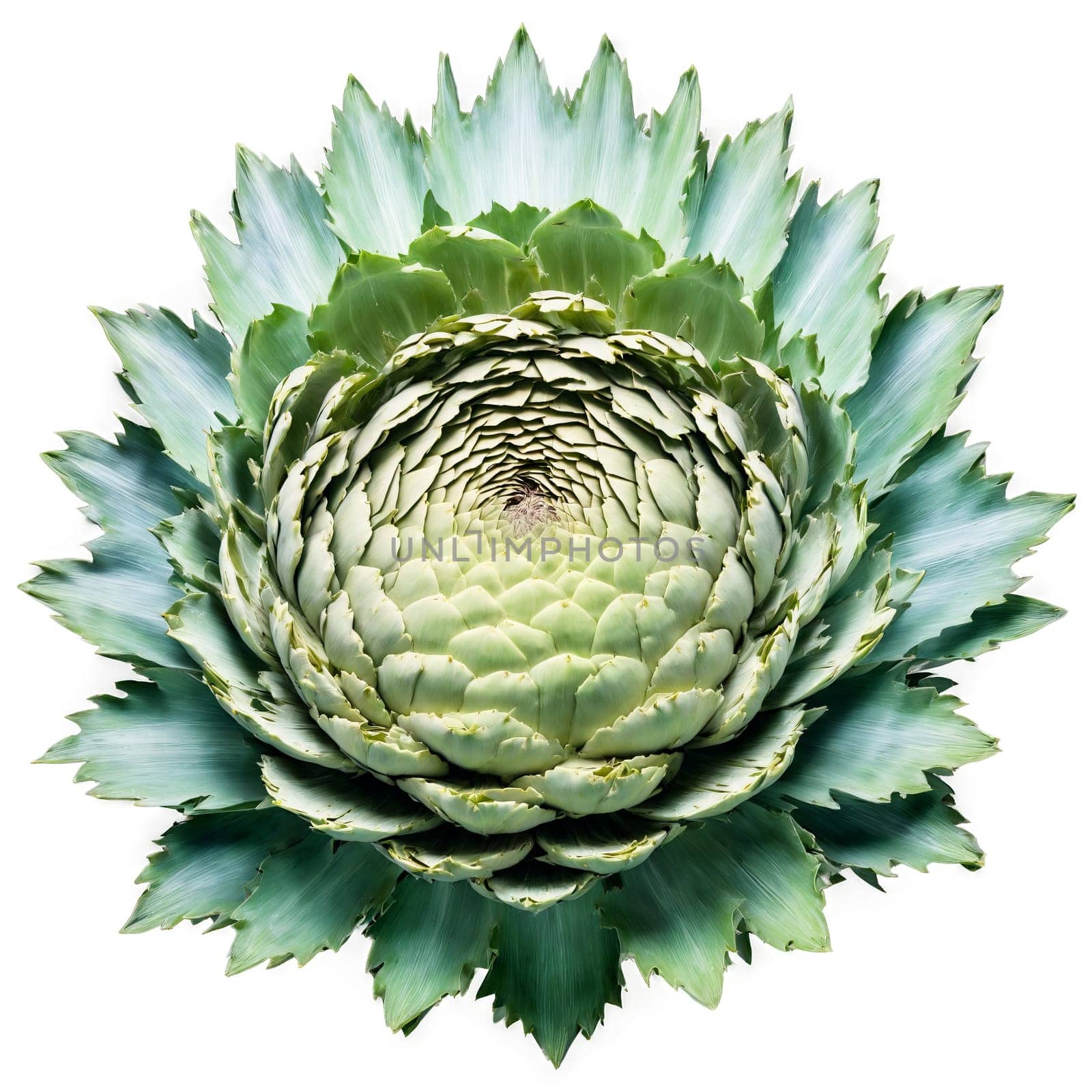 Artichoke mandala a thorny circular design of artichokes with leaves unfurling and steam rising. Food isolated on transparent background.