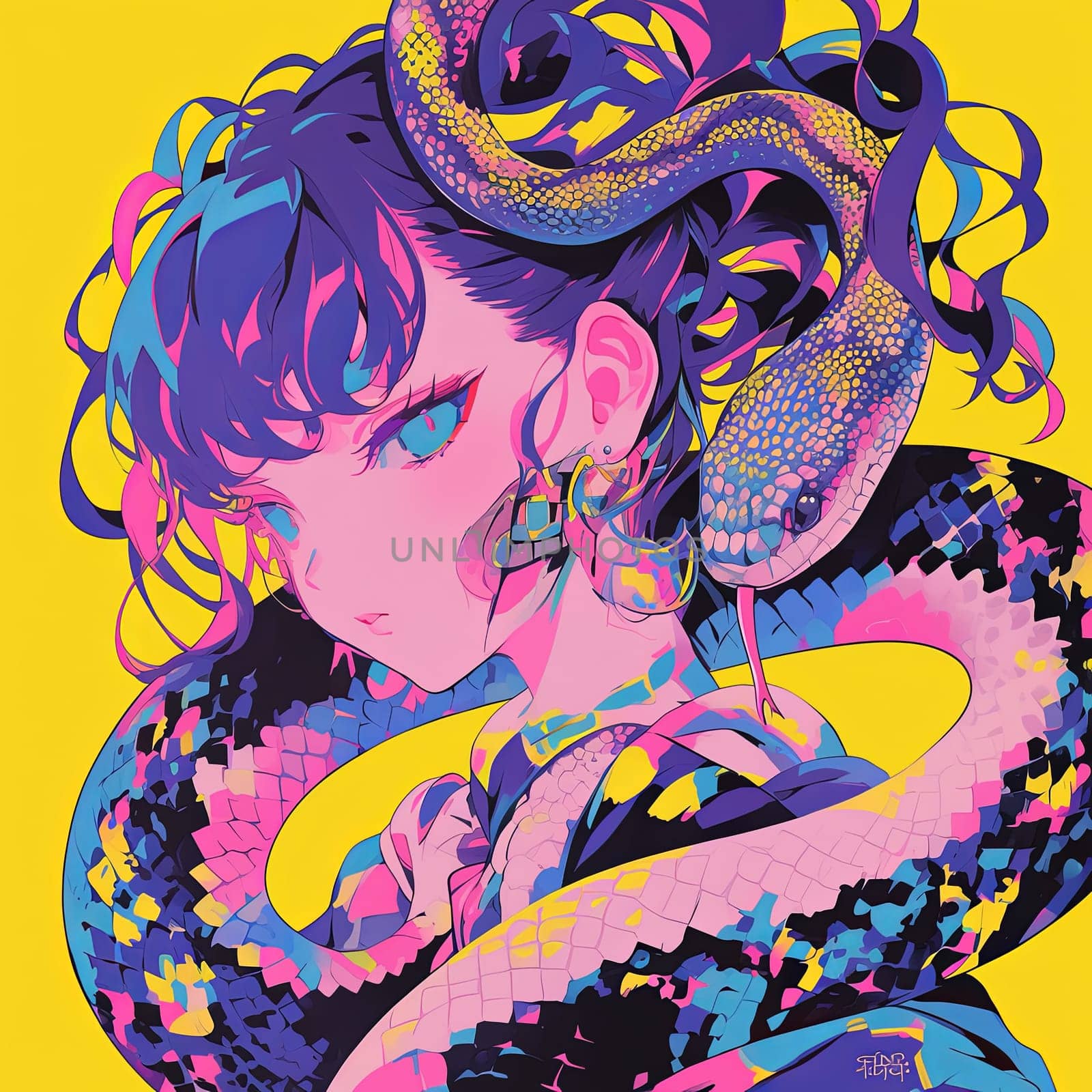 A young woman with long, dark hair has a snake wrapped around her head and shoulders. The snake is brightly colored, and the woman s skin is pale with vibrant pink accents.