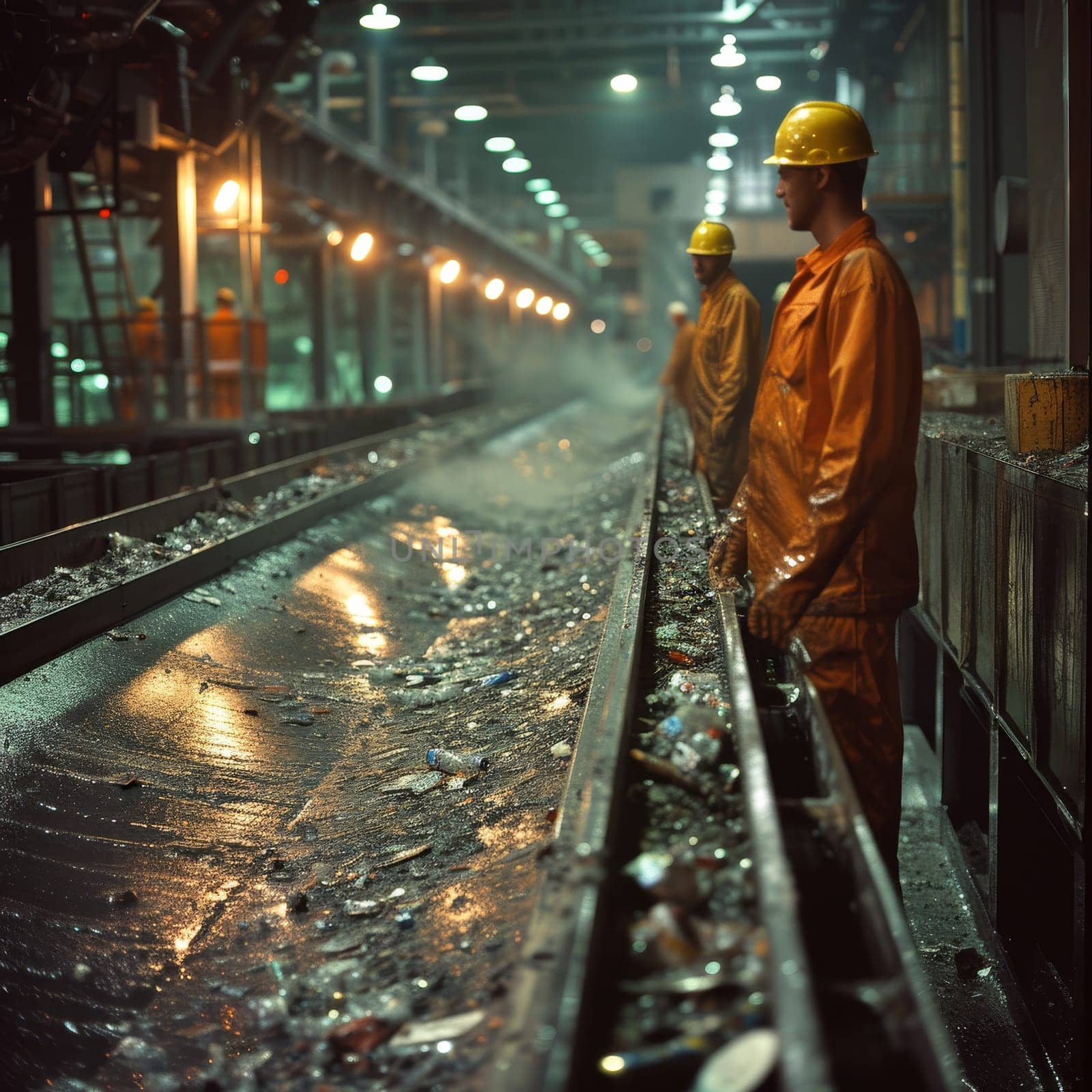 Workers in protective gear at a recycling plant, with illuminated conveyor belt and piles of waste