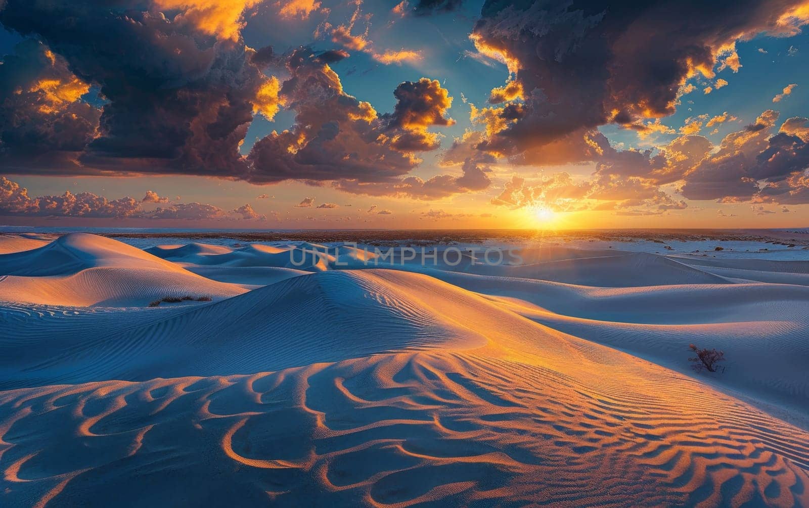 Clouds adorned with sunset colors hover above undulating sand dunes. The last rays of sunlight paint a masterpiece in the sky