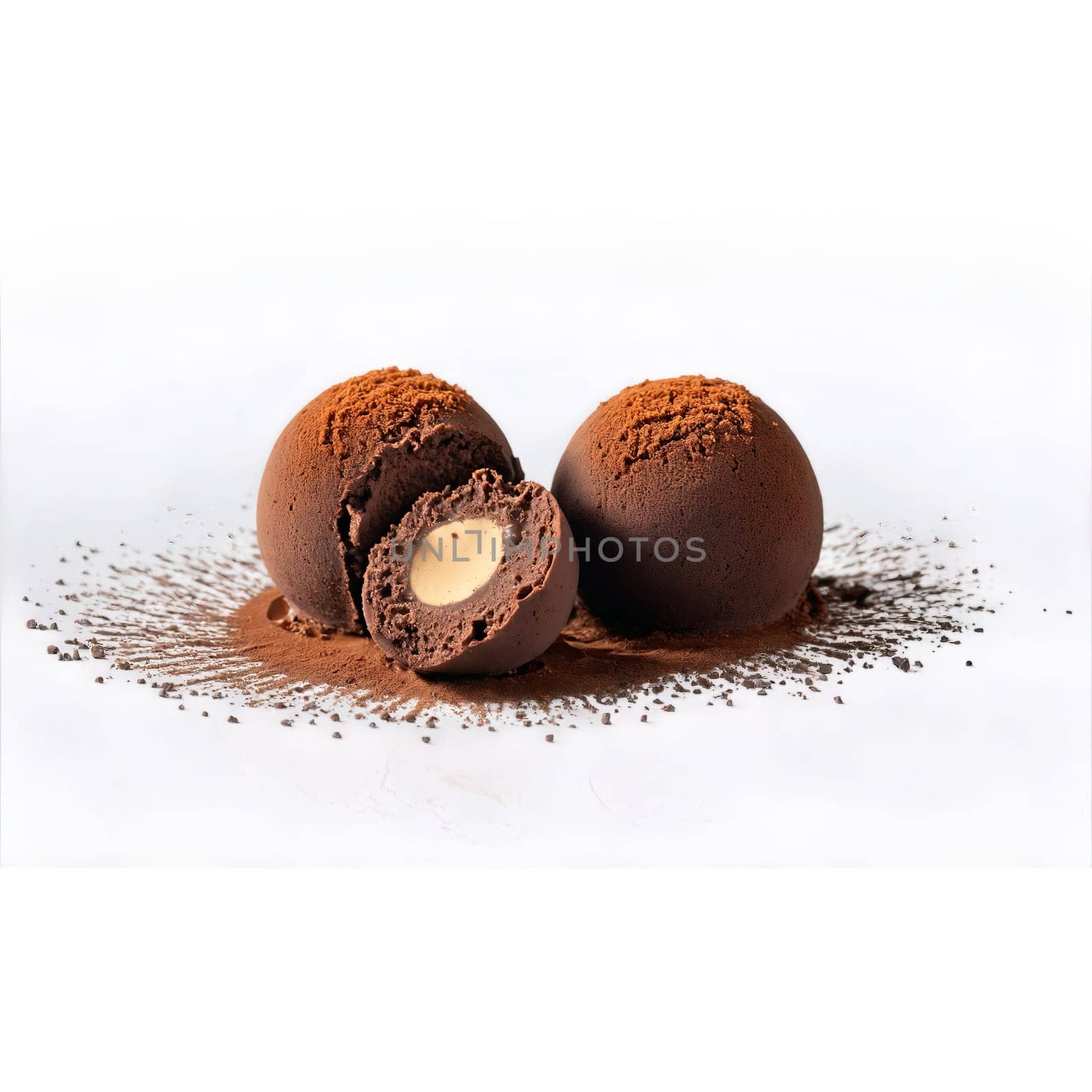 Chocolate truffles dusted with cocoa powder split in half to reveal a smooth ganache center. Food isolated on transparent background.