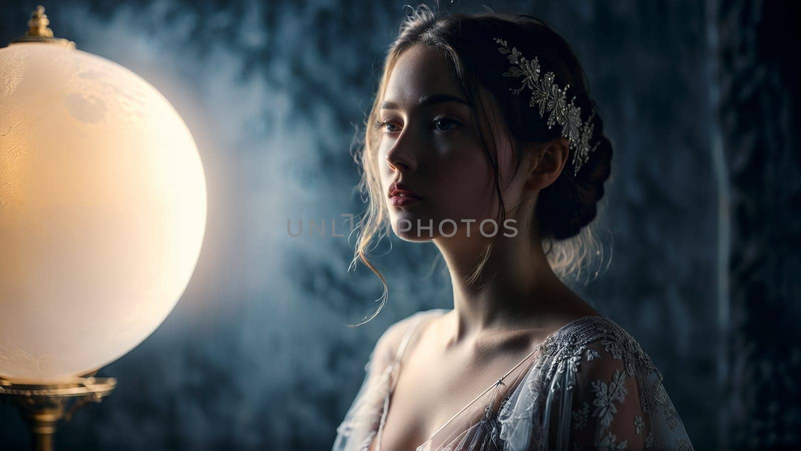 Moonlit Mystery A model cloaked in the mystery of moonlit shadows her lingerie a whisper.