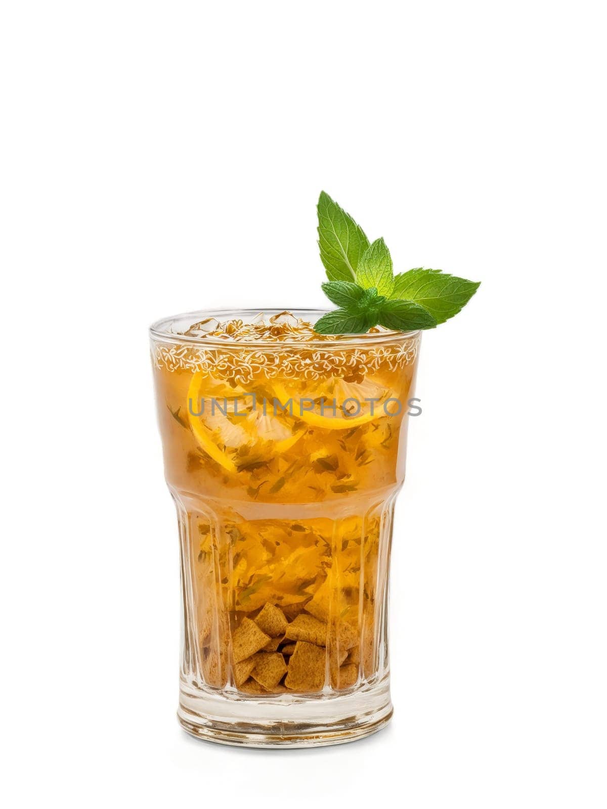 Nepalese Masala Chiya in clear glass garnished with few slices of ginger and sprig. Drink isolated on transparent background.