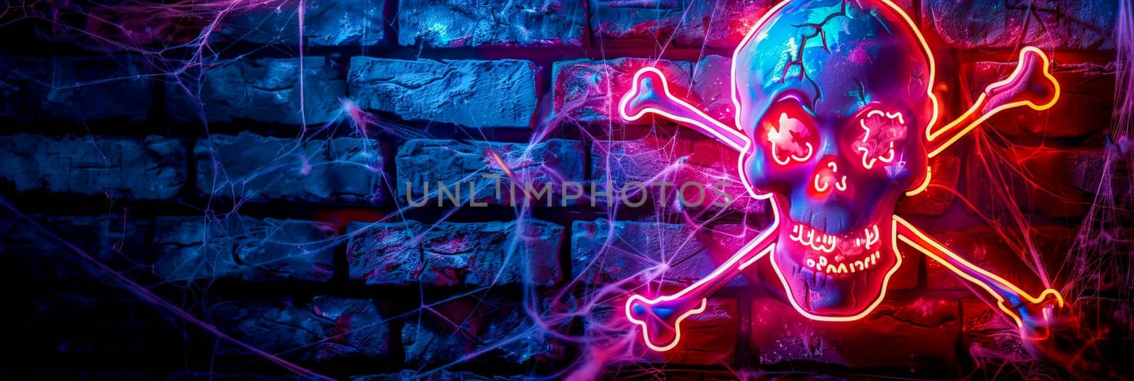Halloween banner with neon sign of skull and crossbones on dark brick wall with cobwebs, space for text. AI generated.