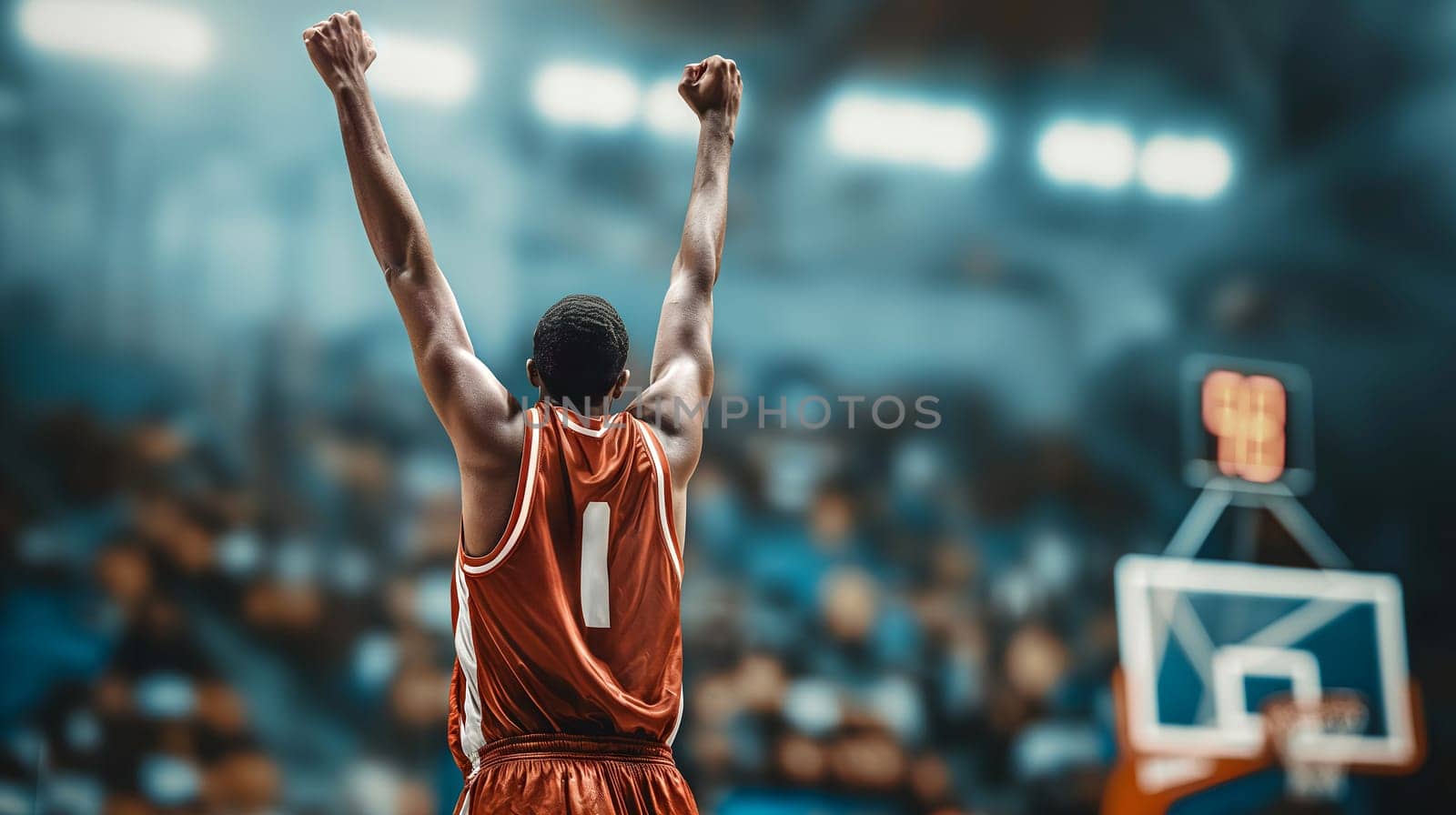 A basketball player wearing a red jersey raises both arms in triumph on a court inside a crowded, well-lit indoor stadium. The scoreboard and basket are visible in the background - Generative AI