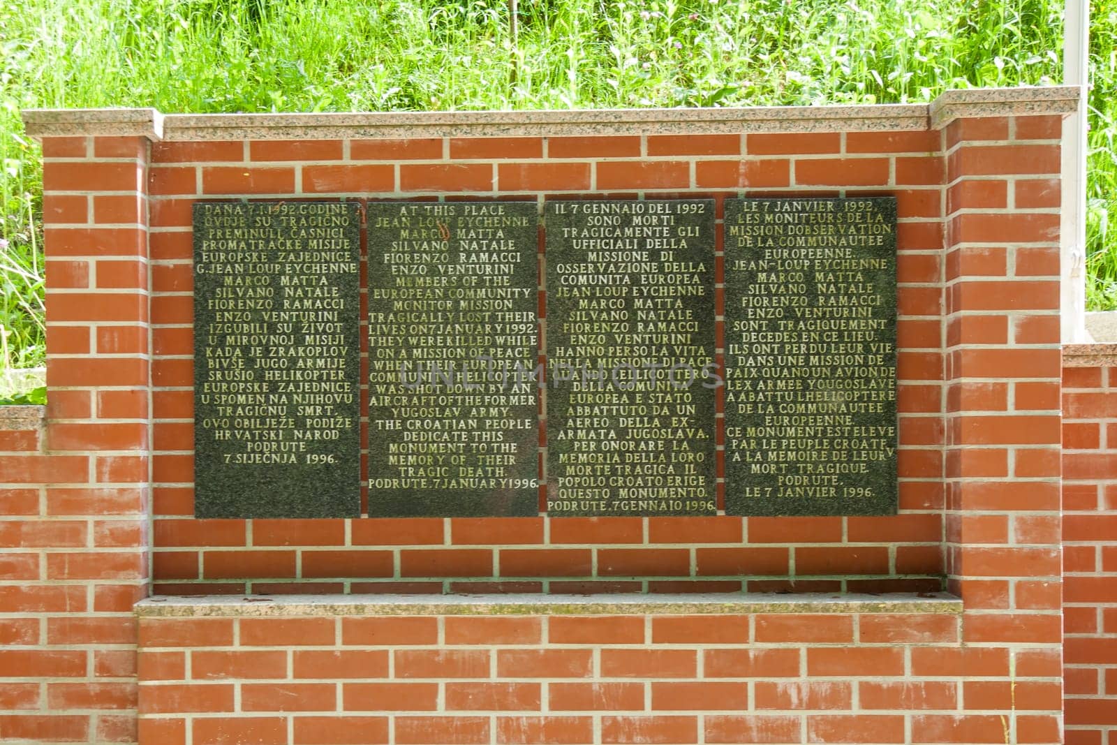 PODRUTE, CROATIA-May 22, 2022: The memorial site dedicated to the European Community peace monitors who were killed in the helicopter downing near Novi Marof is located in Podrute, Croatia.