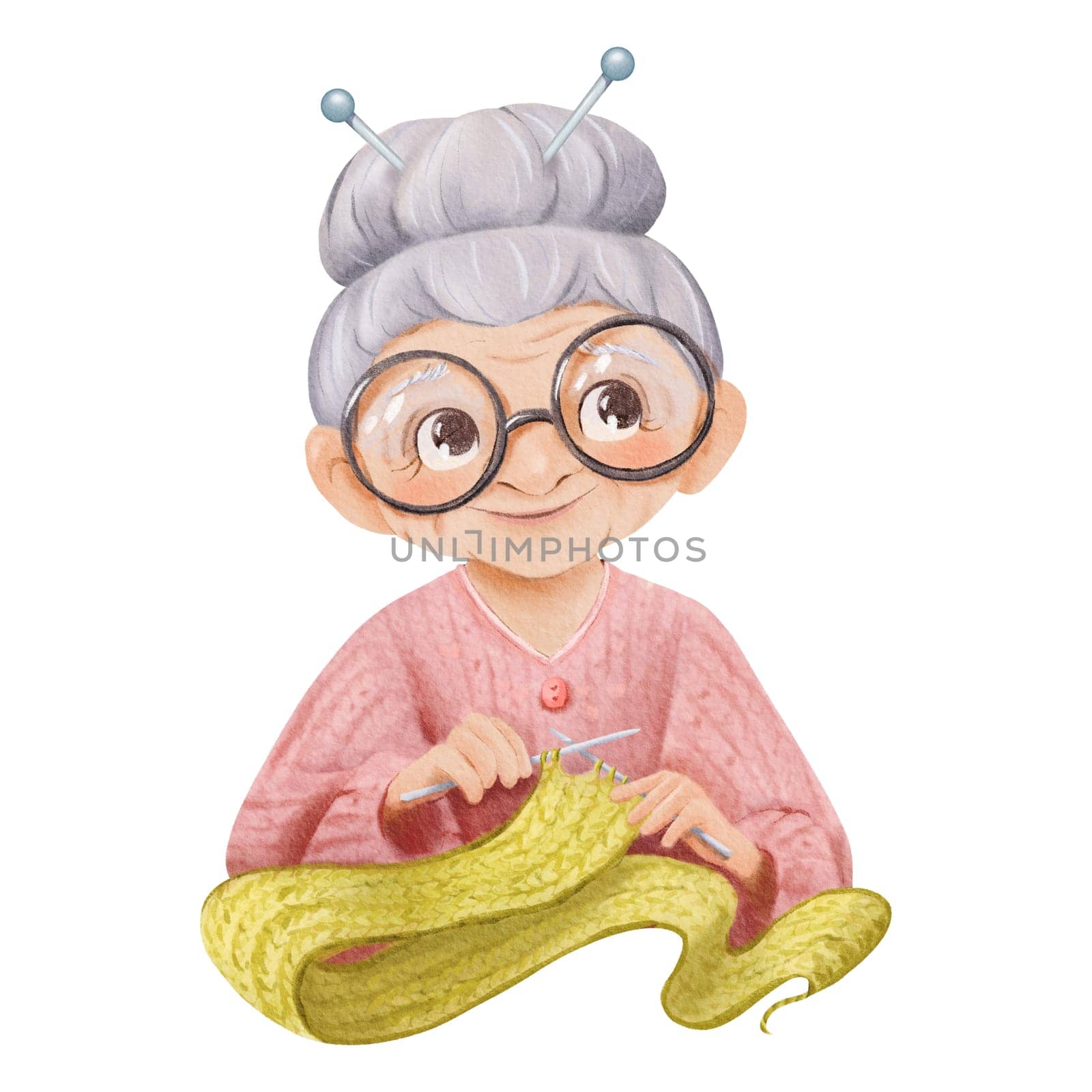 A watercolor children's illustration a grandmother knitting. wears glasses and her hair in a bun. an elderly woman knitting a scarf, for storytelling educational materials or nostalgic-themed designs.