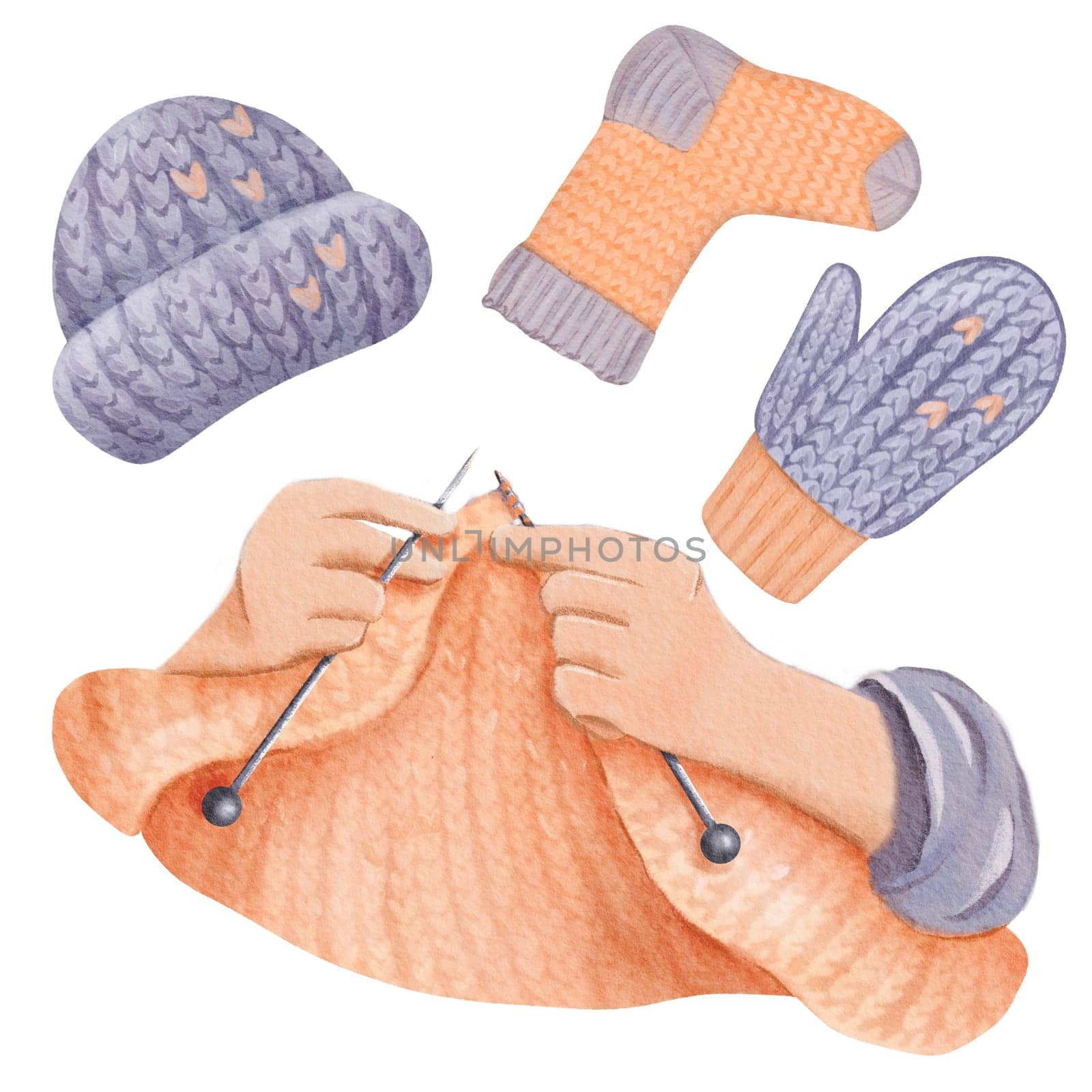 A set of knitted winter items. Kind hands knitting. warm winter hat cozy knitted sock and soft mitten. Watercolor isolated elements for crafting enthusiasts winter fashion designs and seasonal.