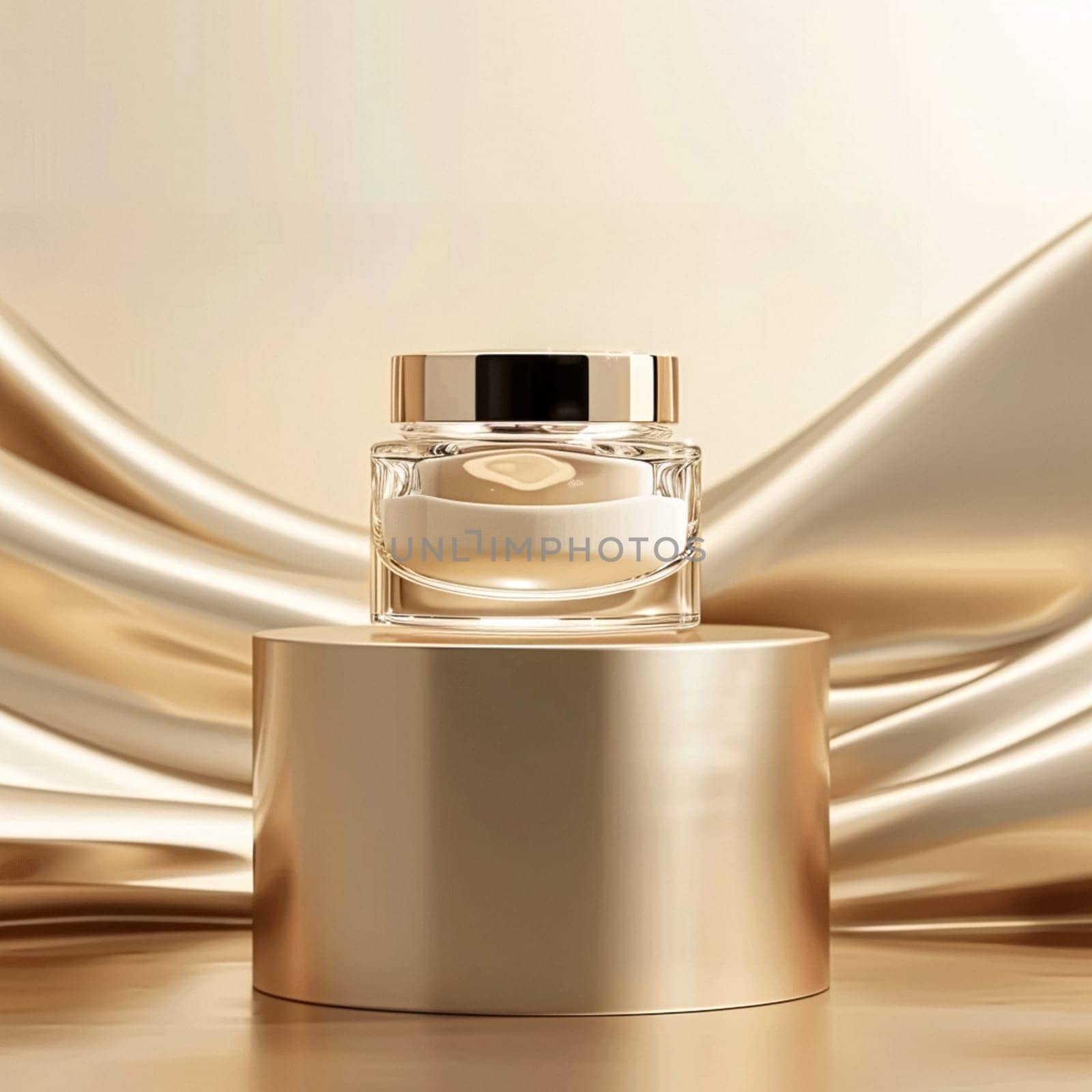 Face cream in a glass jar on a white and gold background. Skin care concept. Backdrop for beauty cosmetic products