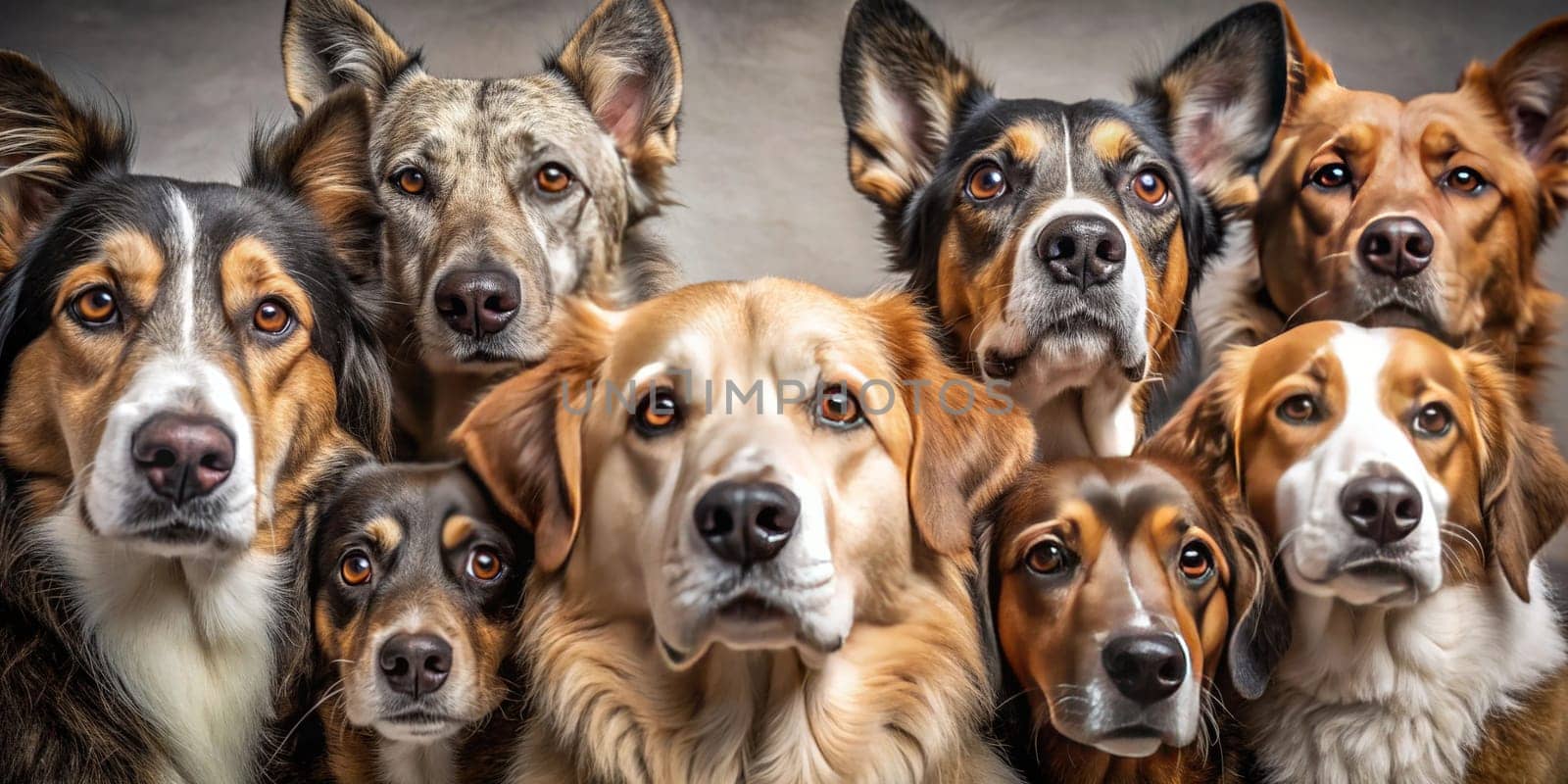 United Gaze.Dogs have their heads close together, all looking in the same direction. The texture and patterns of their fur, along with their attentive expressions, are clearly visible. This image captures a moment of unity and focus among the animals, possibly indicating a shared interest or reaction to something out of frame. It also highlights the natural beauty and grace of these creatures in a candid moment.