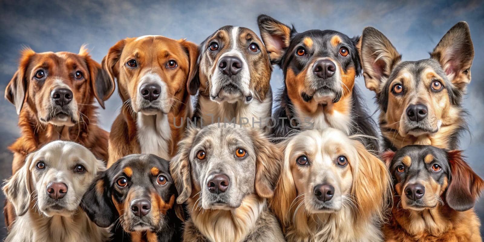 United Gaze.Dogs have their heads close together, all looking in the same direction. The texture and patterns of their fur, along with their attentive expressions, are clearly visible. This image captures a moment of unity and focus among the animals, possibly indicating a shared interest or reaction to something out of frame. It also highlights the natural beauty and grace of these creatures in a candid moment.