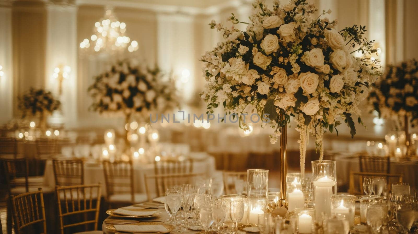 A beautifully arranged wedding reception featuring tall floral centerpieces, glowing candles, and an intimate atmosphere.