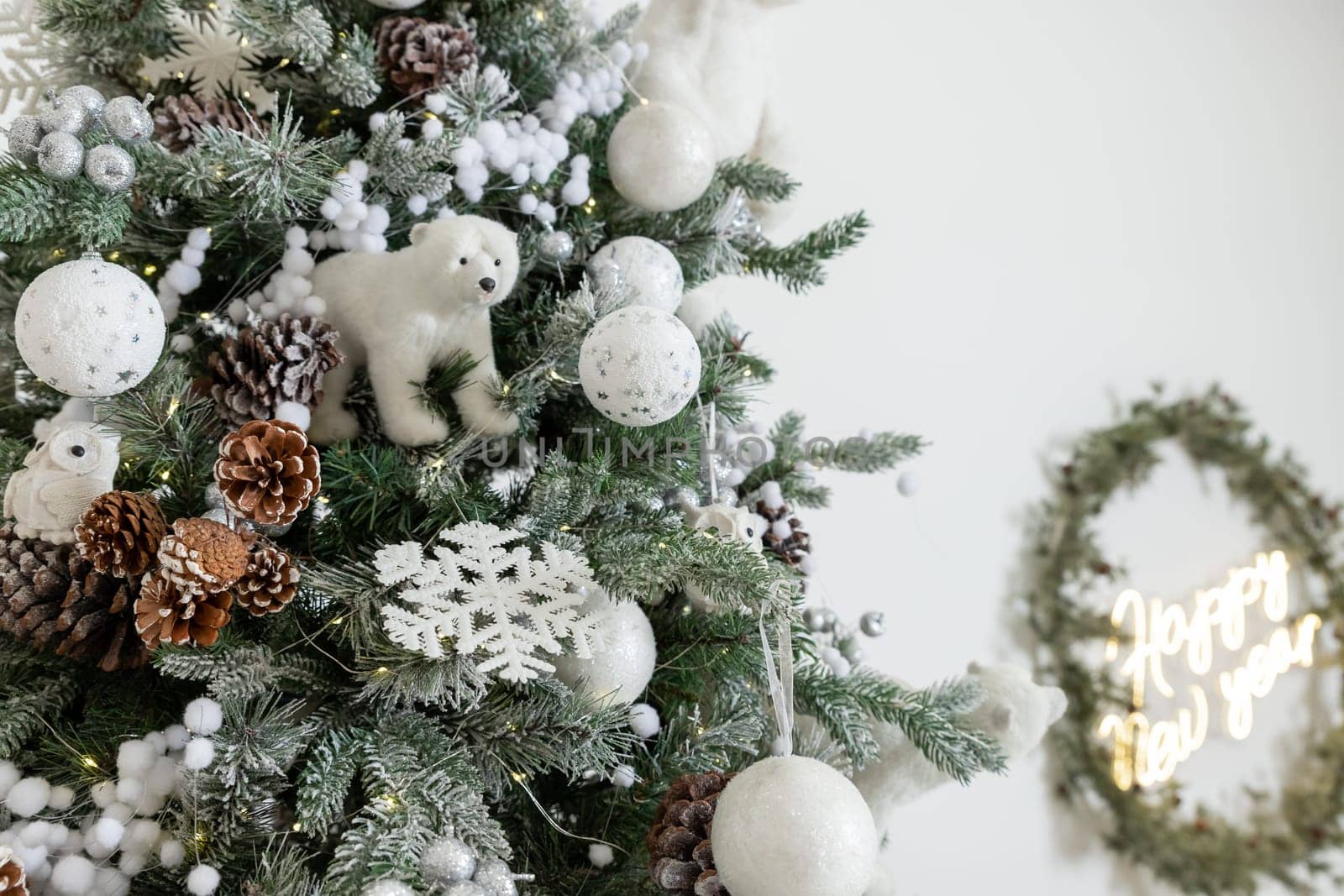 White snowy Christmas tree decor home New Year postcard