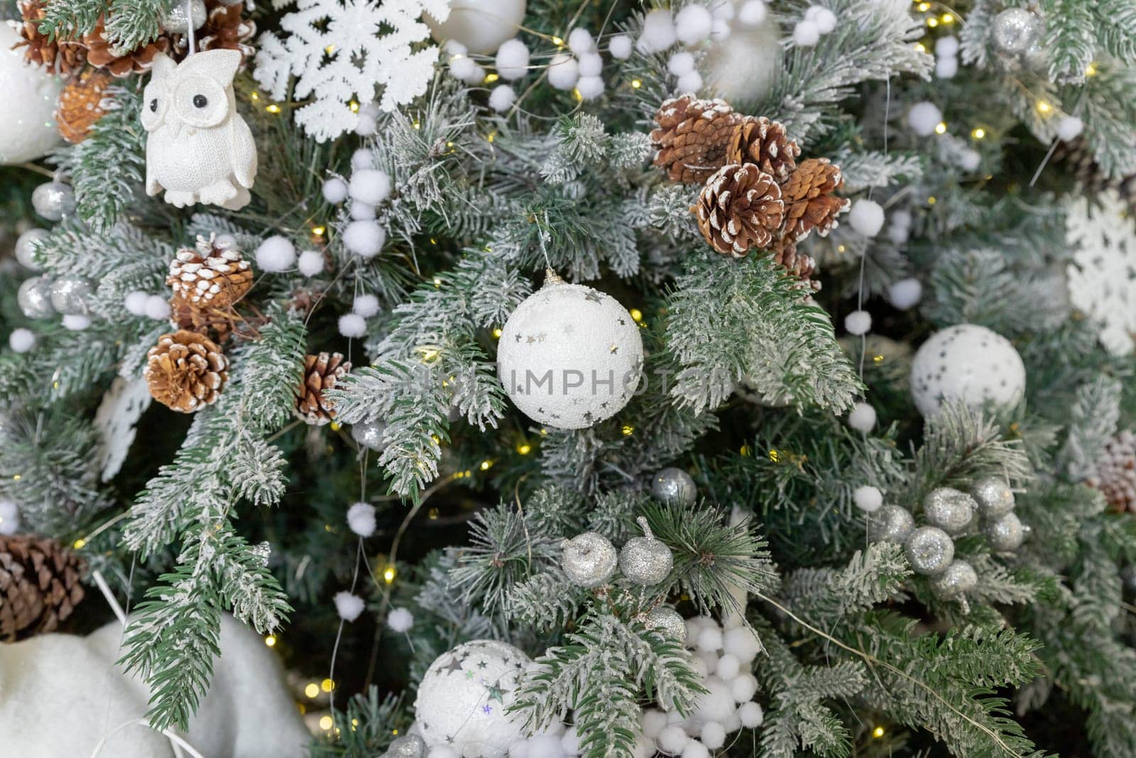 White snowy Christmas tree decor home New Year postcard