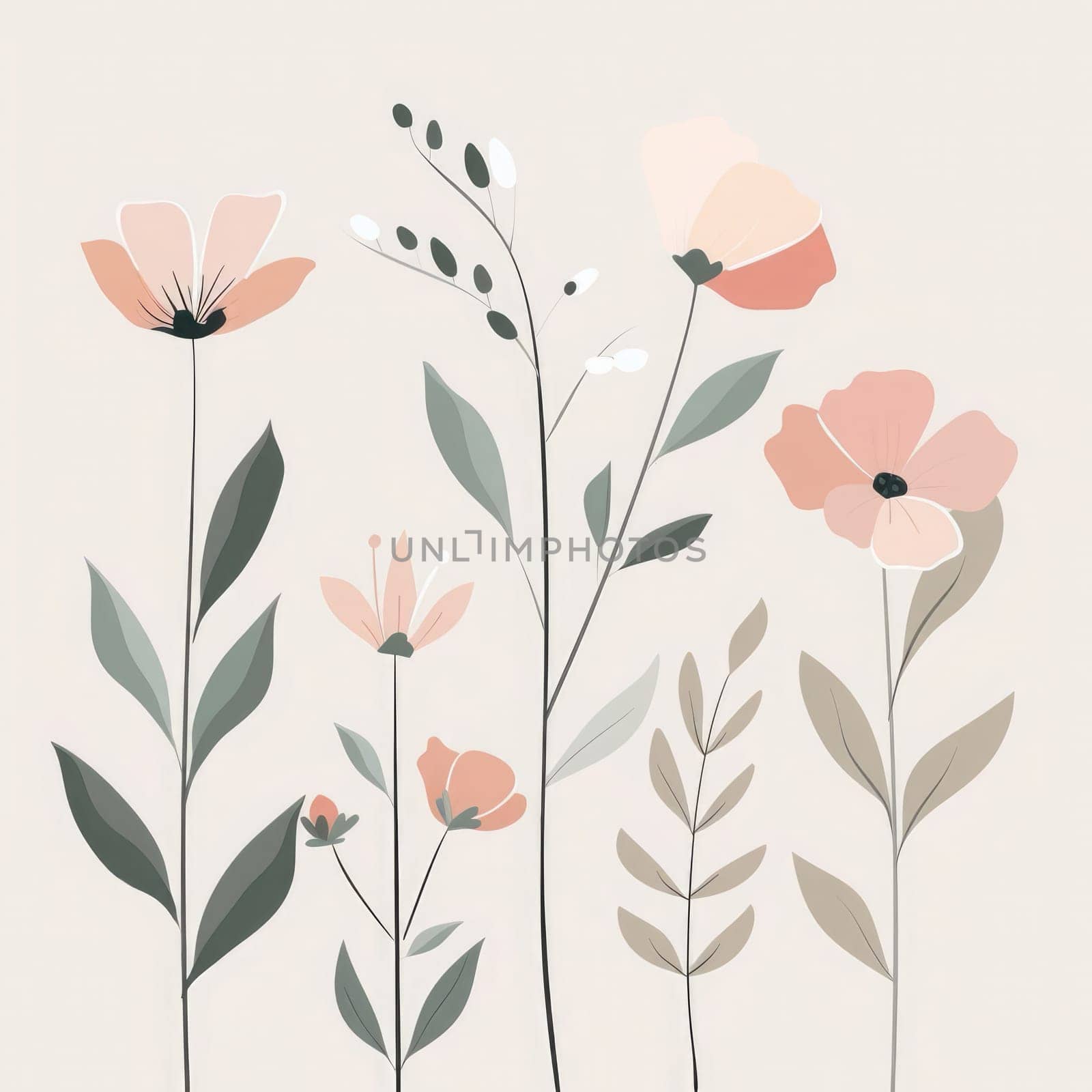 A collection of vibrant flowers and graceful leaves in soft pastel colors arranged artistically against a pale backdrop.