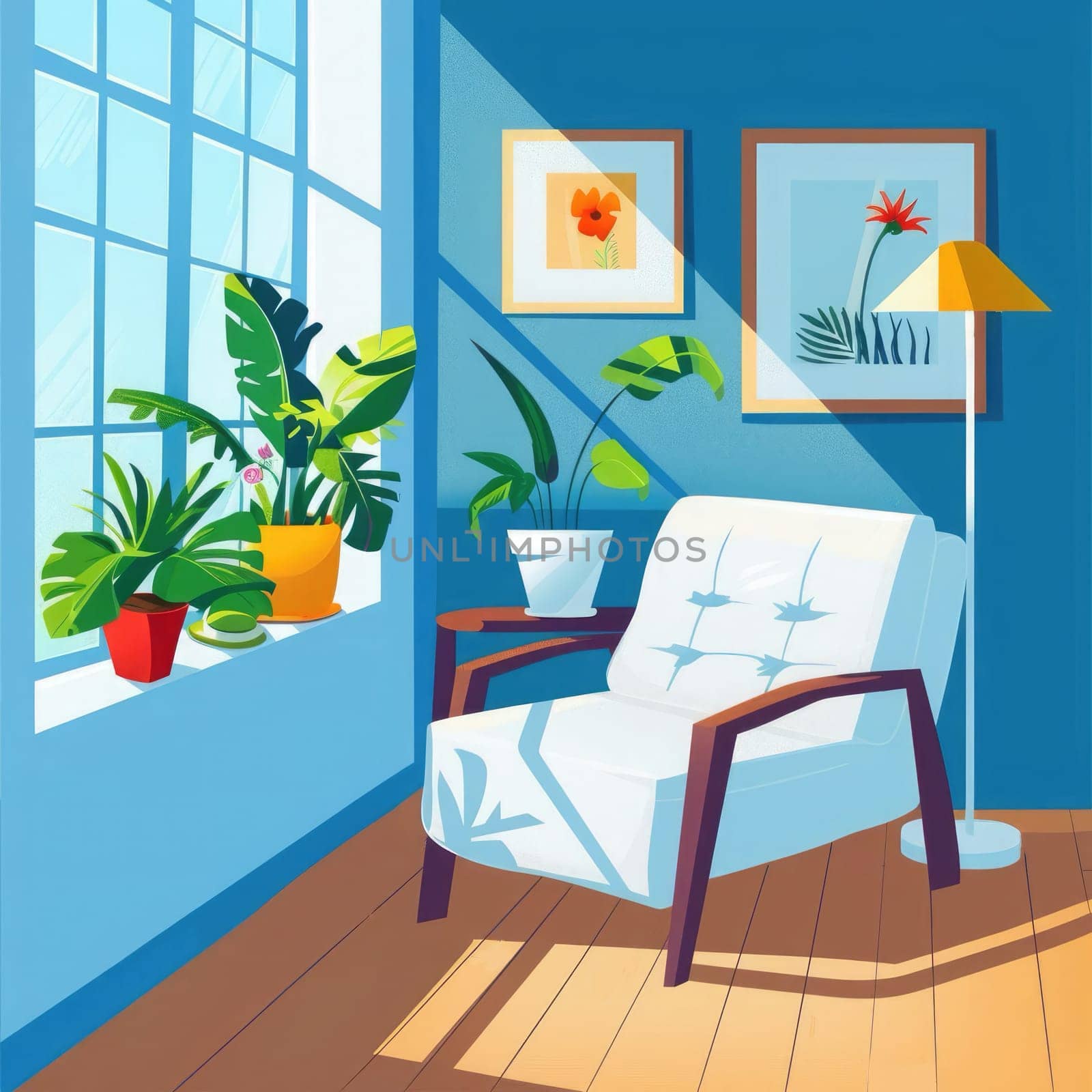 A comfortable armchair by a large window features vibrant plants and colorful artwork on the walls in a sunny indoor setting.