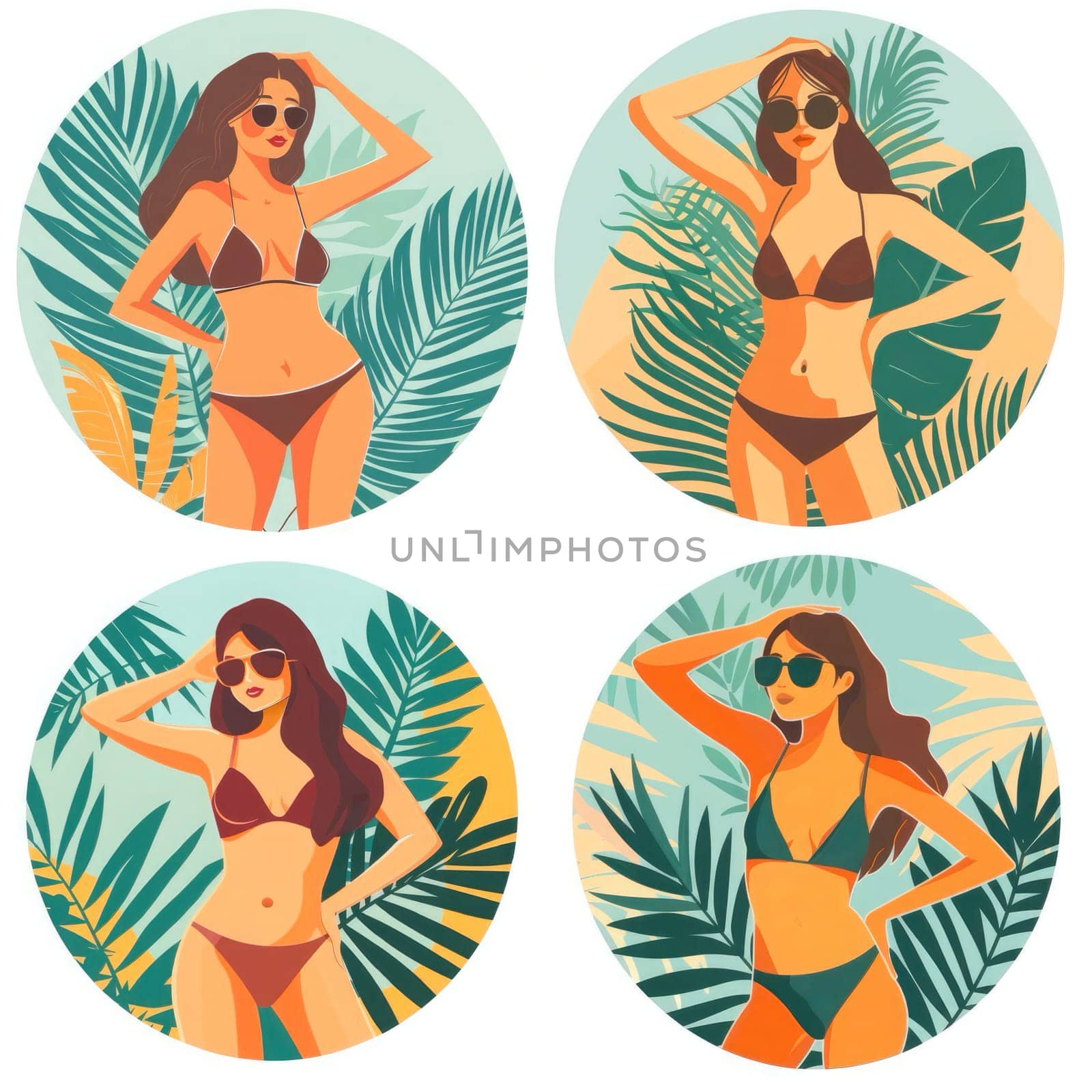 Women in colorful swimsuits pose confidently among lush greenery, showcasing summer fashion and vibrant tropical vibes.
