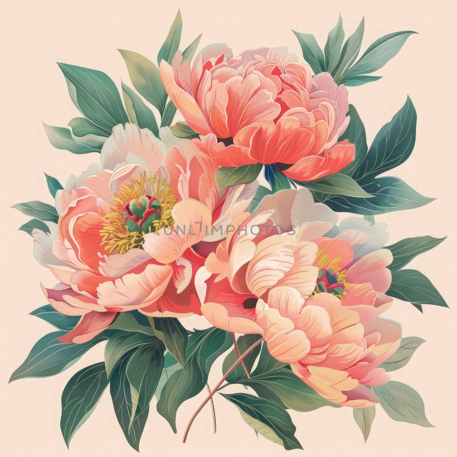 A bouquet of pink peonies blooms gracefully, showcasing vibrant petals and rich foliage on a light backdrop.