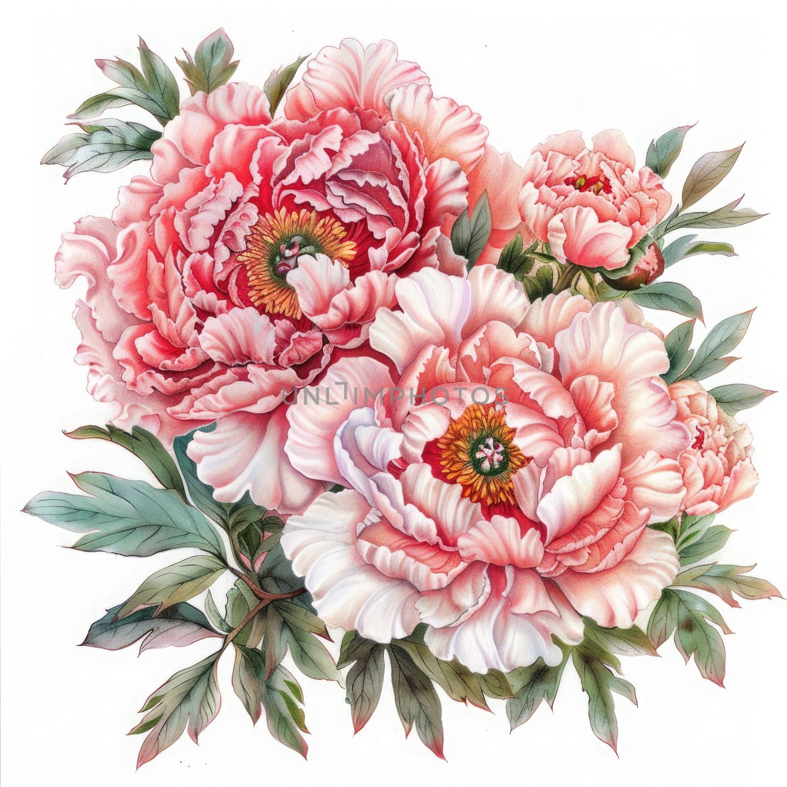Vibrant pink peonies with layers of petals and green leaves create a beautiful floral arrangement.
