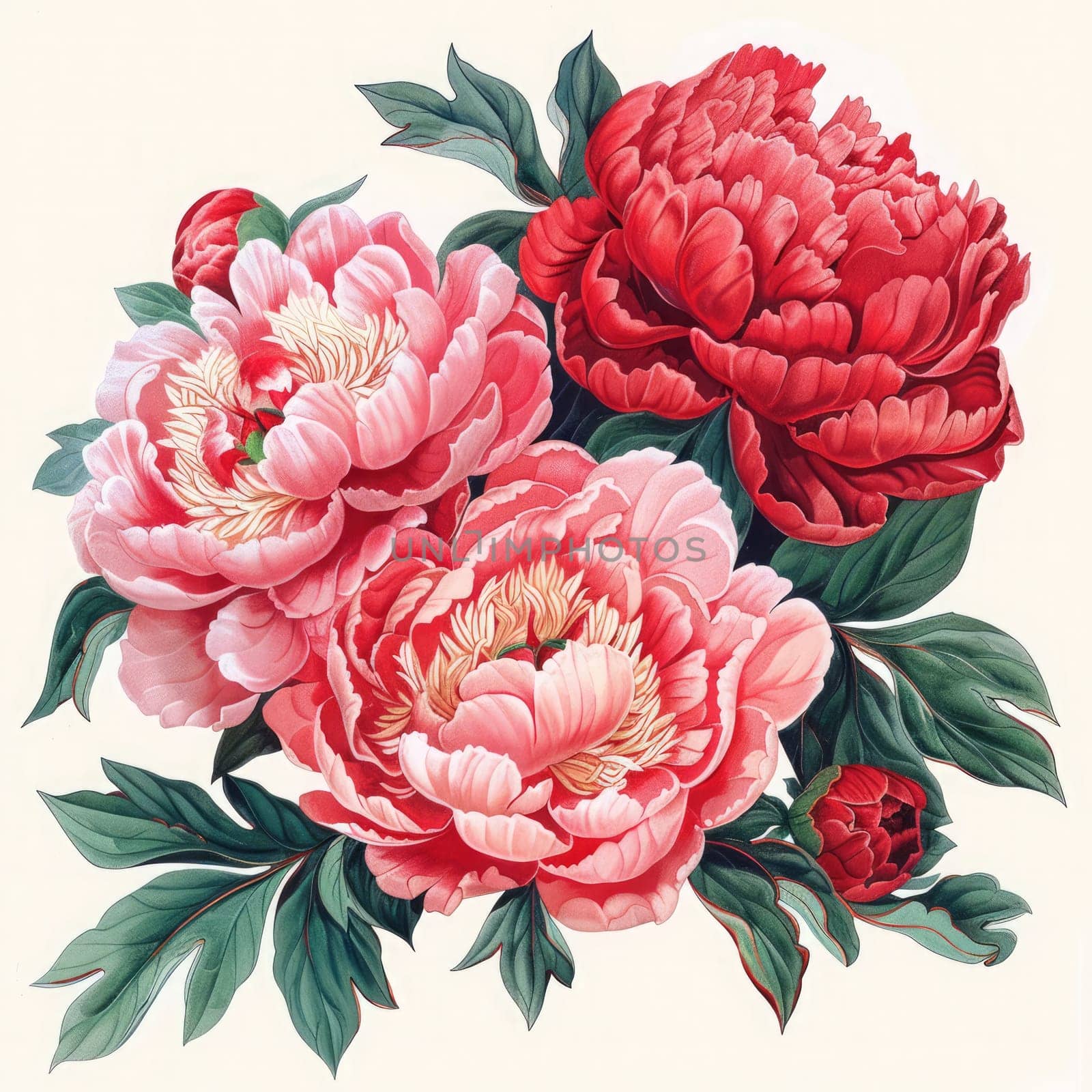 Three lush peonies in shades of pink and red showcase their intricate petals, surrounded by green leaves.