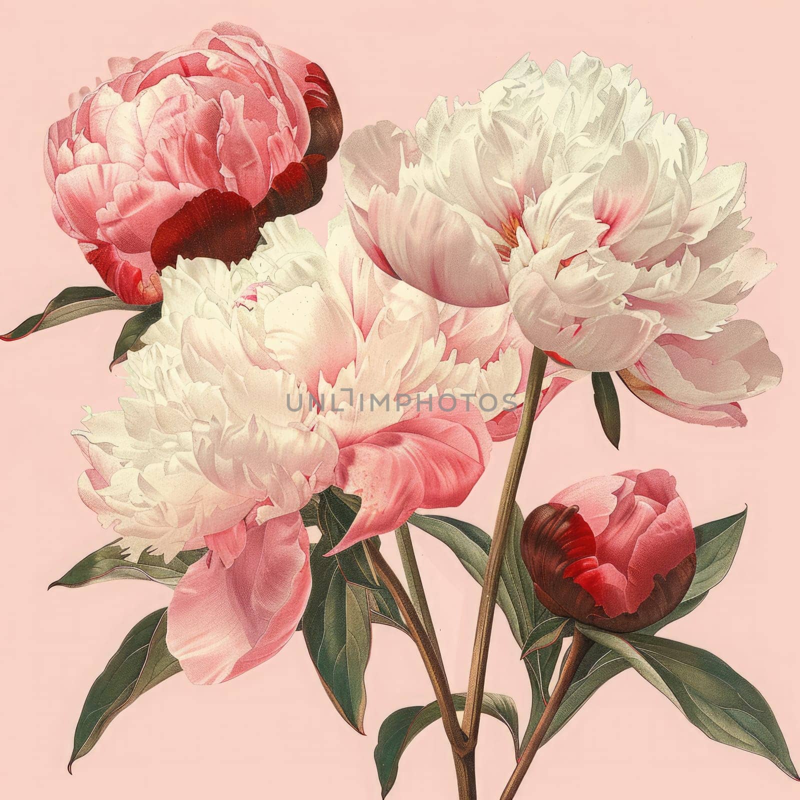A vibrant collection of pink and white peonies blooms elegantly, showcasing their rich texture and delicate petals.