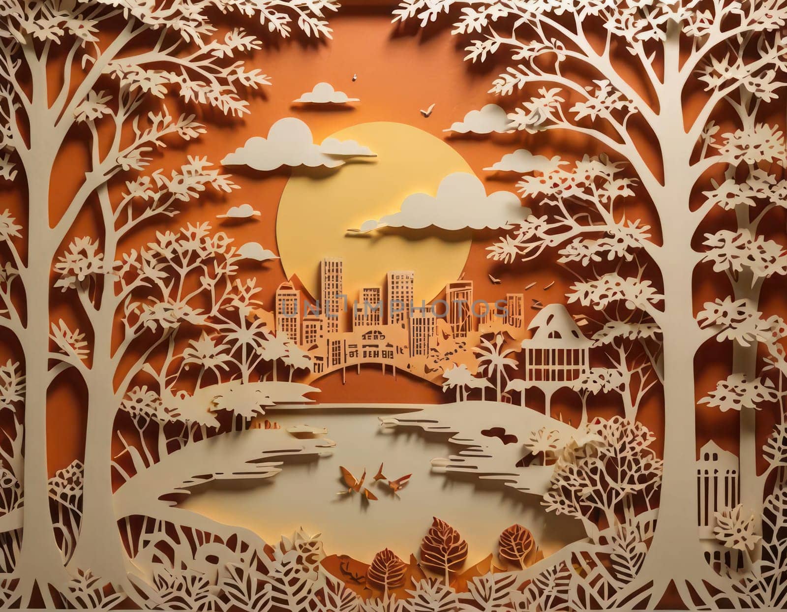 Paper Cutting Illustration Paper Craft.3D, .Fall background . Graphic resources . Travel promotions.AI generated.