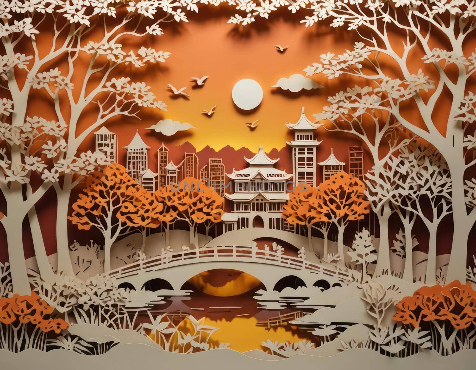 Autumn sunset background. Multidimensional kirigami paper art. Autumn background. Fall landscape in ocher colors to be used in autumn propmotions, cards and banners.AI generated.