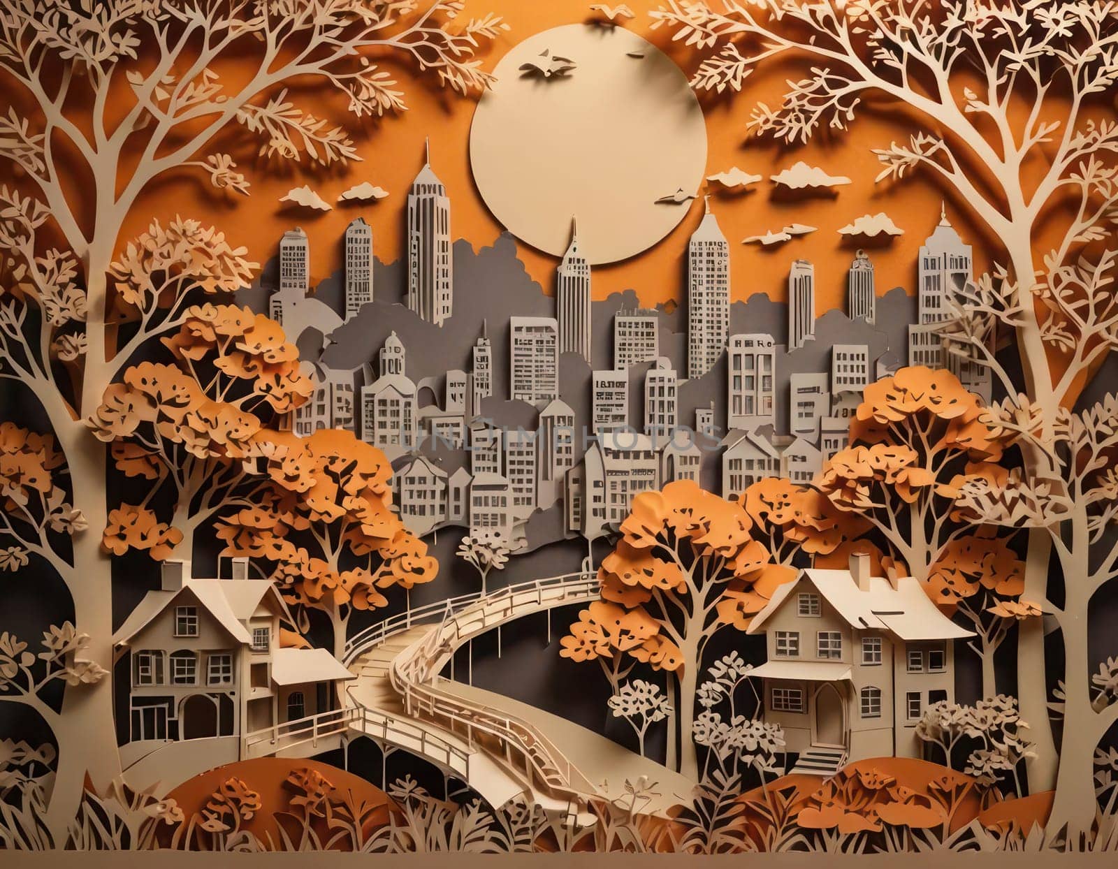 Multidimensional Kirigami.Autumn background.Mountain Paper Cutting Illustration Paper Craft.3D, Stunning tonal landscape . Background for cards and banners.