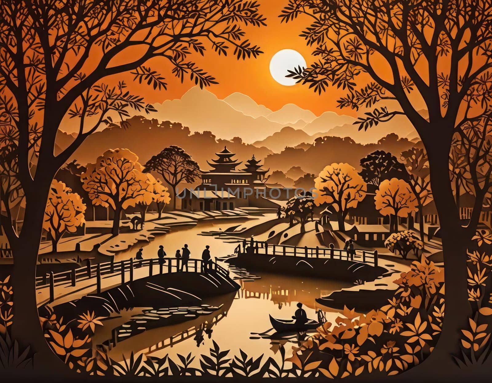 Autumn sunset background. Art on multidimensional kirigami paper. Autumn background. Fall landscape in ocher colors to be used in autumn propmotions, cards and banners.Paper Craft.3D