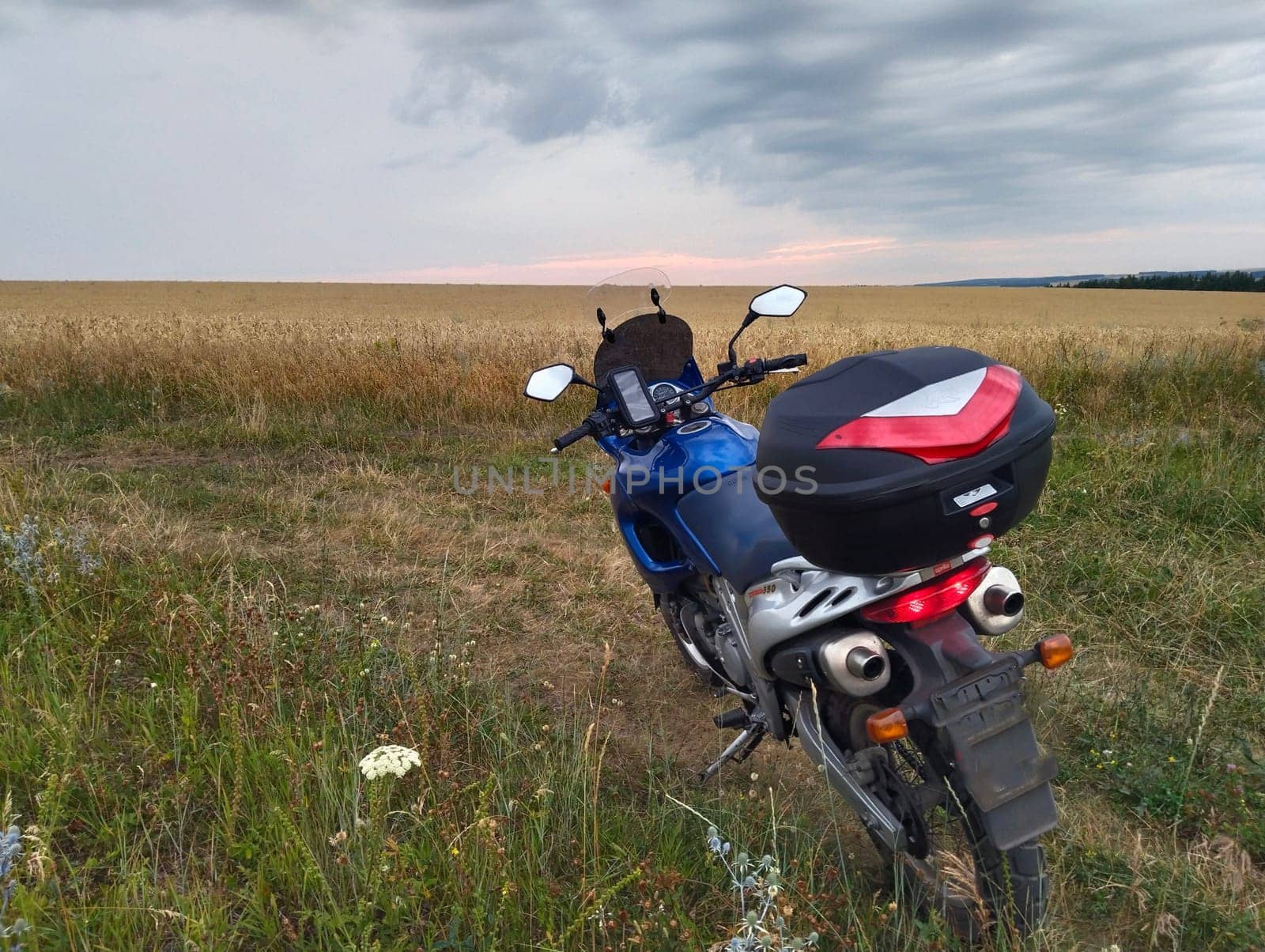 A motorcycle rests on the grass in an open field, surrounded by tall grass and under a dramatic sky as the sun sets.