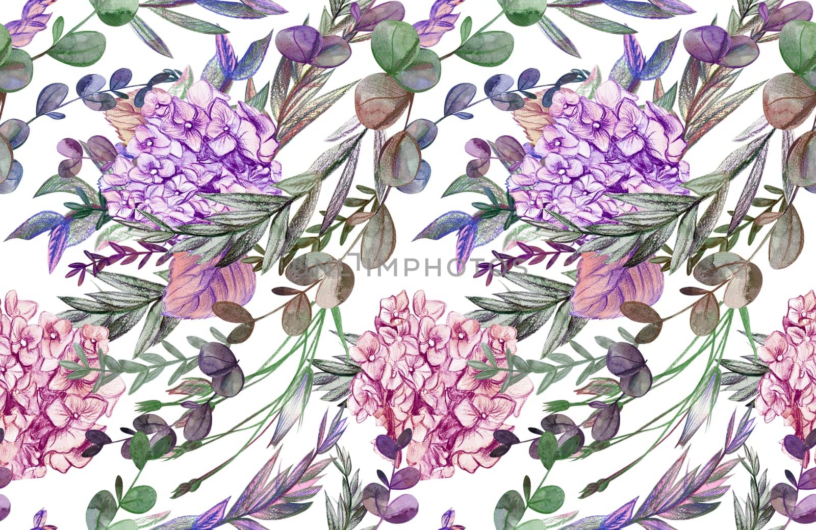 Summer pattern with hydrangea flowers drawn in pencil and watercolor for textiles and design