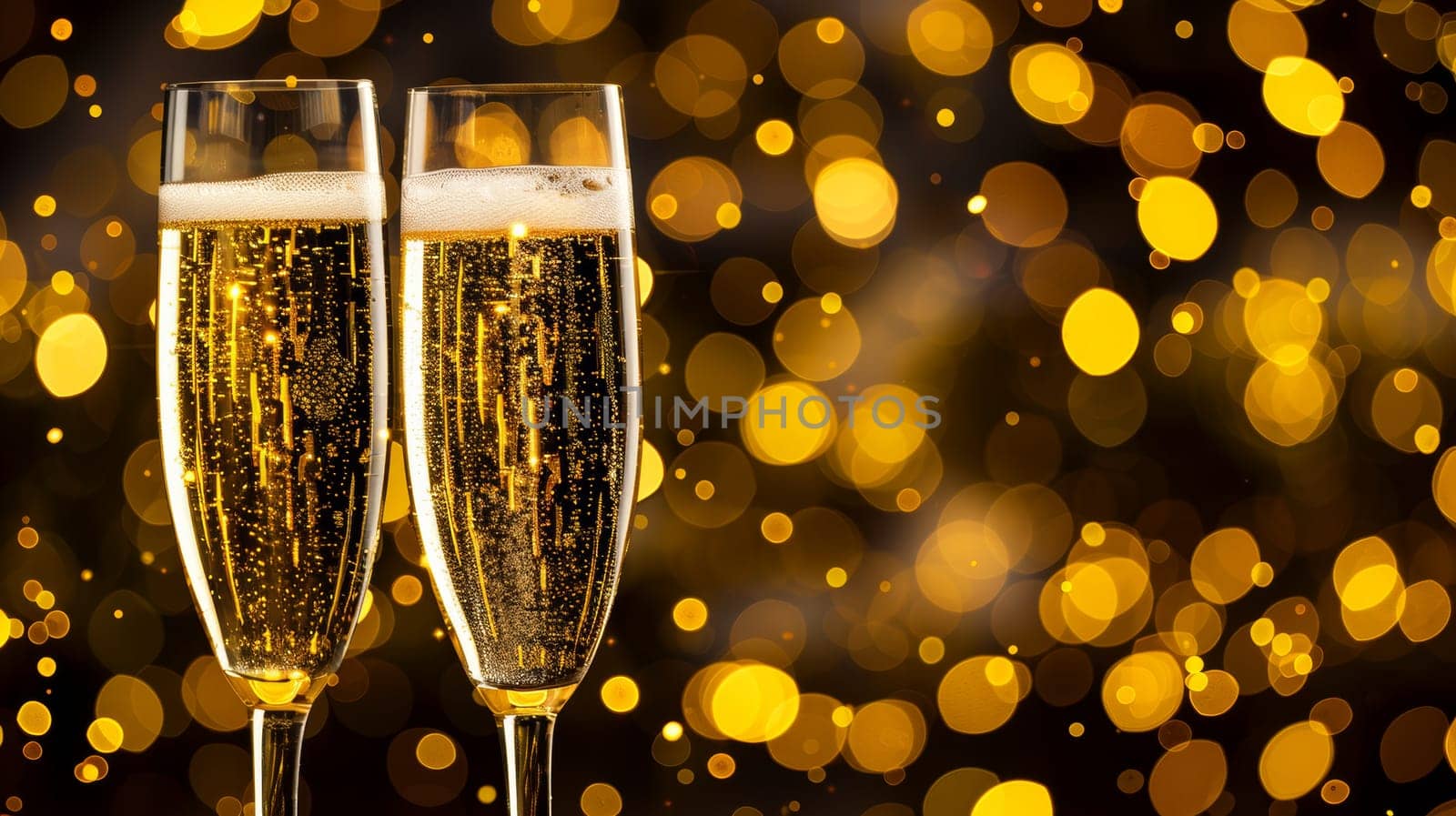 Two champagne glasses on abstract bokeh background for new year celebration