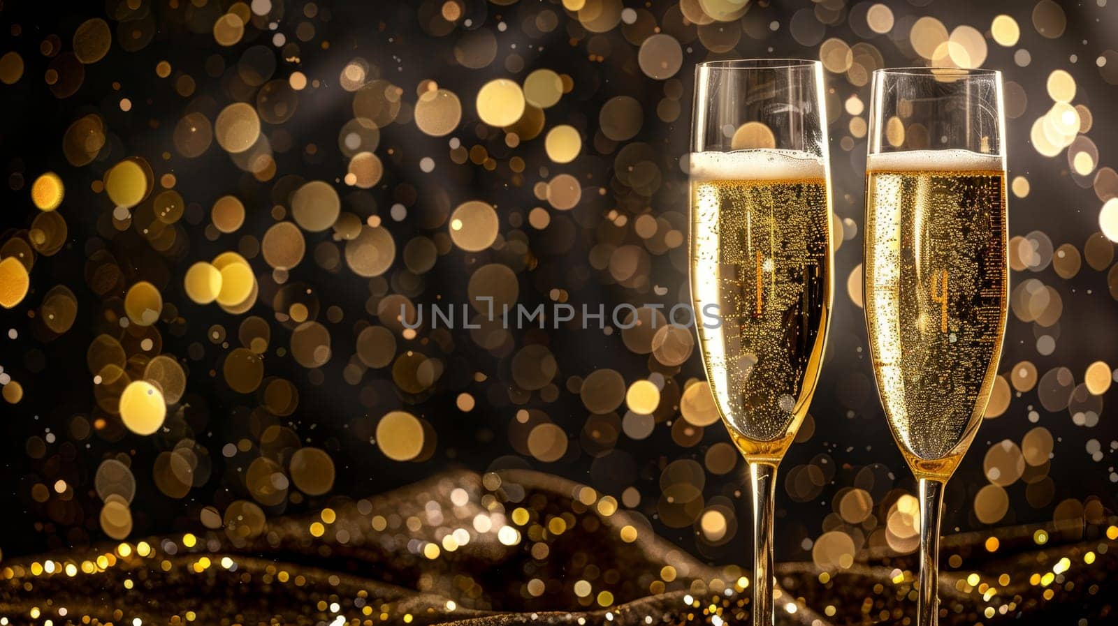 Two champagne glasses on abstract bokeh background for new year celebration