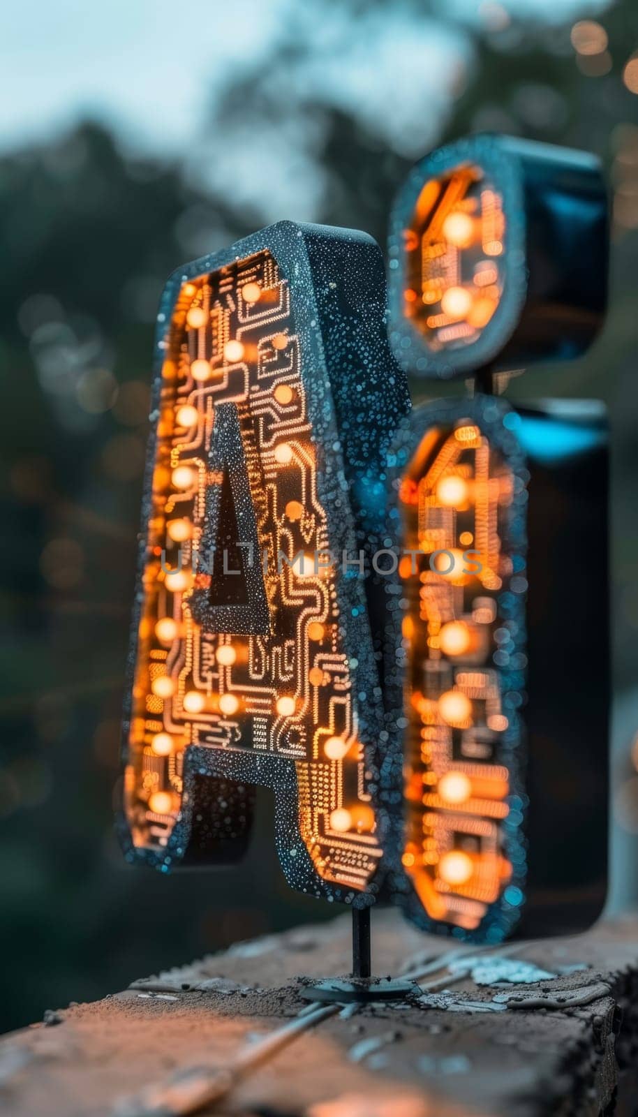 Ai letters on abstract bokeh background in technical design for new artificial intelligence concepts